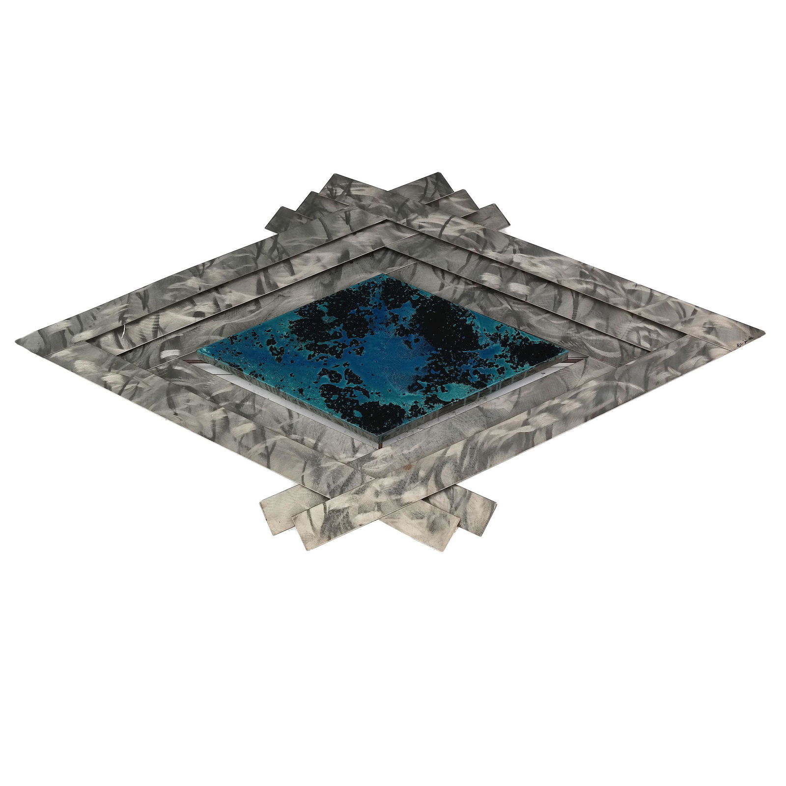 Curtis JERE: Hanging Wall Sculpture: Hanging metal wall sculpture, with black and blue metal insert. Signed, dated 1996. [53" H x 30 1/4" W x 2 1/2" D]. In good condition.