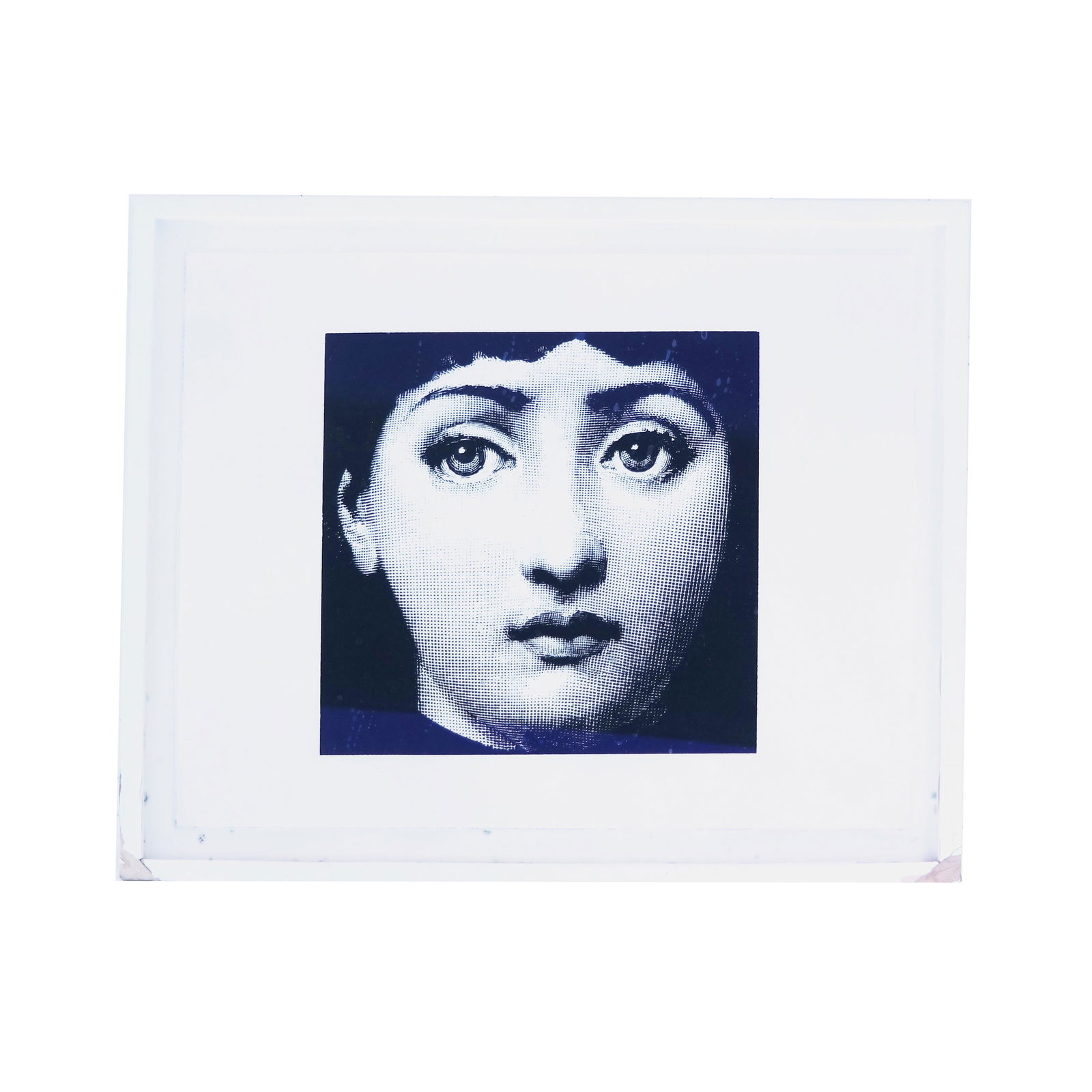 Piero FORNASETTI: Portrait - Black and White Print: Face of a Classical woman, signed on back in red marker. [Image: 10" H x 10" W; Paper: 13 1/2" H x 17" W; Frame: 16" H x 19 1/2" W]. As is.