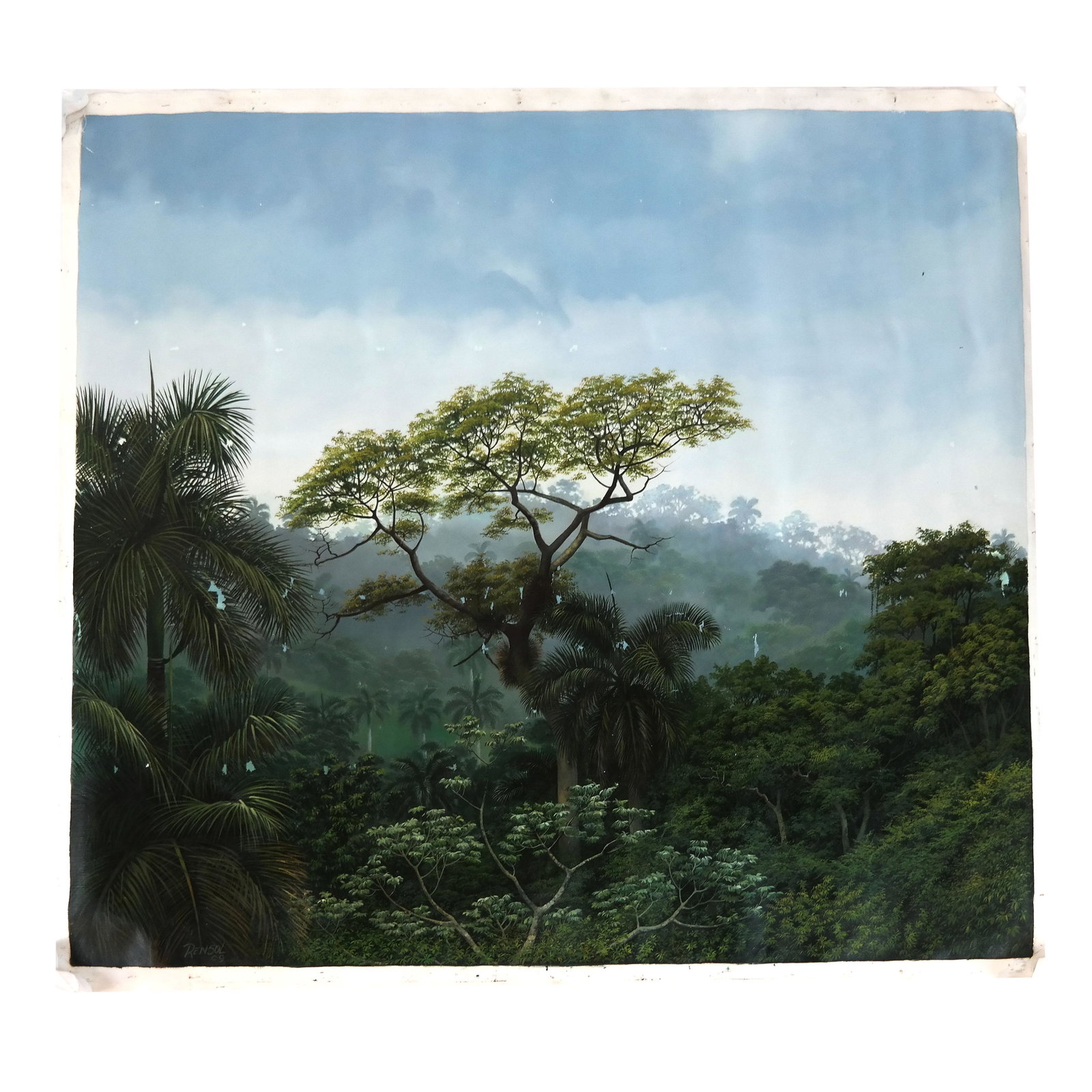 Rensol Gonzales MENDEZ: Landscape - Oil Painting: An unstretched, unframed oil on canvas painting titled "Llovisna", signed and dated '09 lower right and verso. Renzo Gonzalez Mendez (Cuban, b. 1964) was Professor of Drawing, Design and Appreciation 