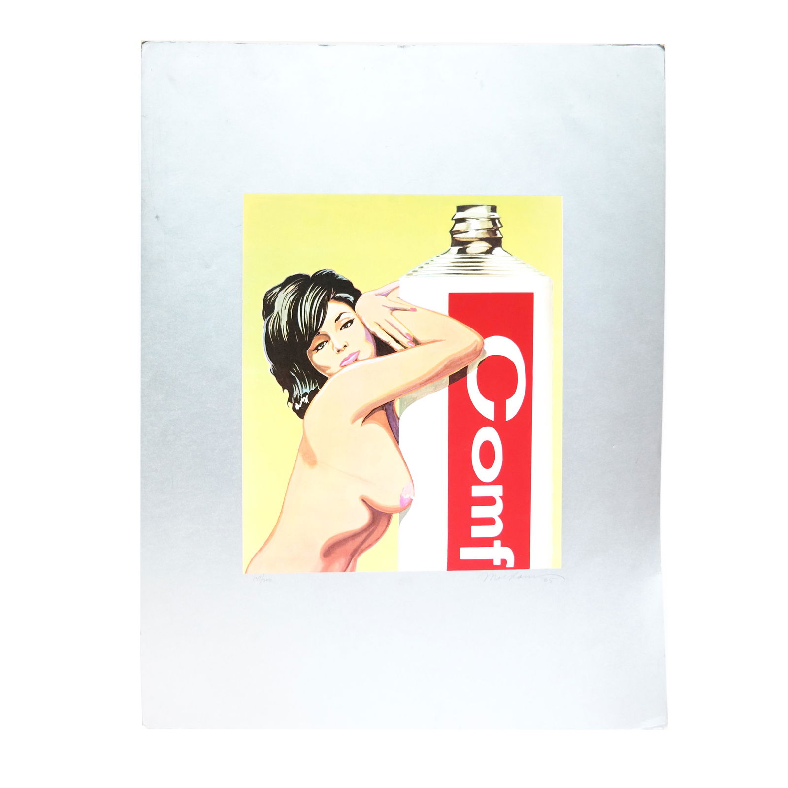 Mel RAMOS: Miss Comfort Creme - Litho: Color screen and offset litho print of a nude lady,500, signed, dated (1965) and numbered 141/200. Provenance: Estate of Roger Prigent - Malmaison. [48" H x 40" W]. One tear to lower center; vertical