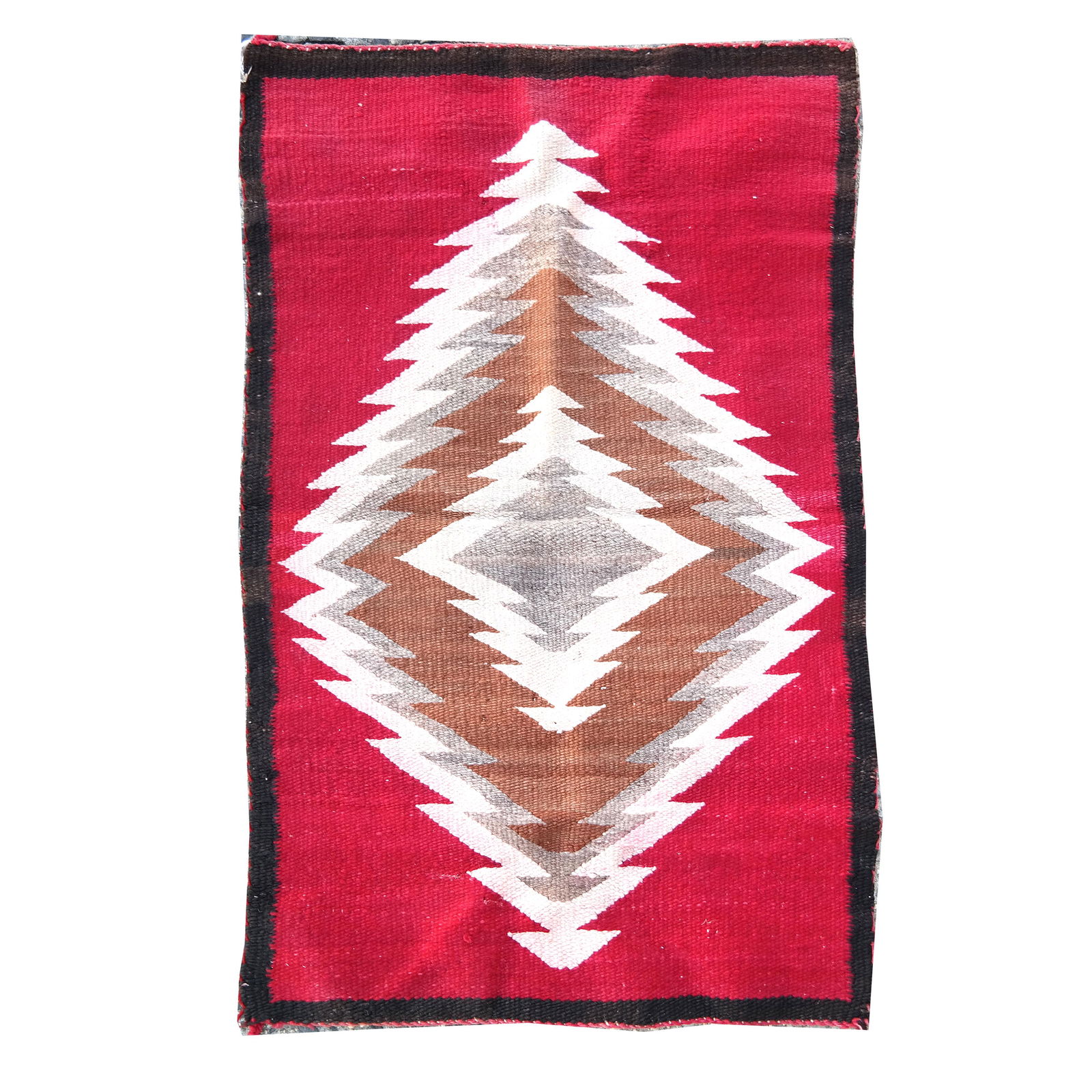 Navajo Mat: Navajo mat with red ground, beige, brown, grey center medallion. Provenance: The Estate of Roger Prigent - Malmaison. [32" x 20"]. In good condition.