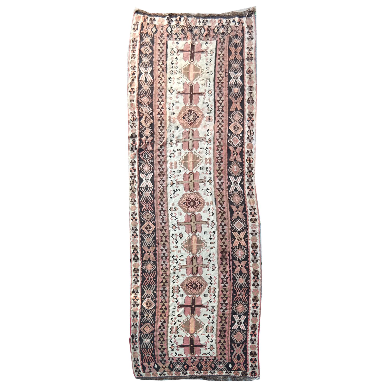 Palatial Geometric Runner: Palatial geometric runner, deep brown ground, initialed. Provenance: The Estate of Roger Prigent - Malmaison. [188" x 59"]. In overall good condition.