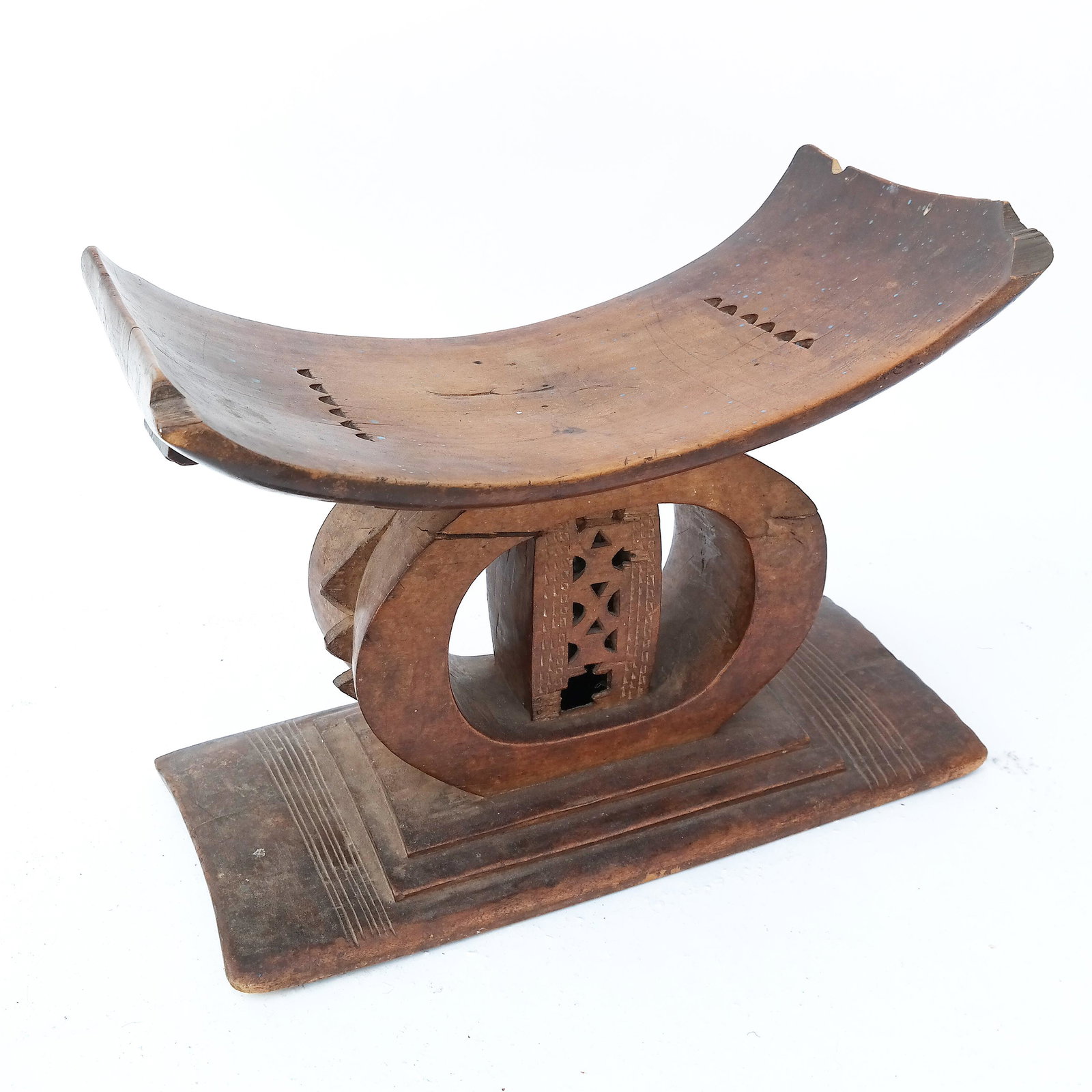 African Wood Seat/Stool: African wood seat/stool. [14 1/2" H x 19 1/2" W x 11" D]. Losses.