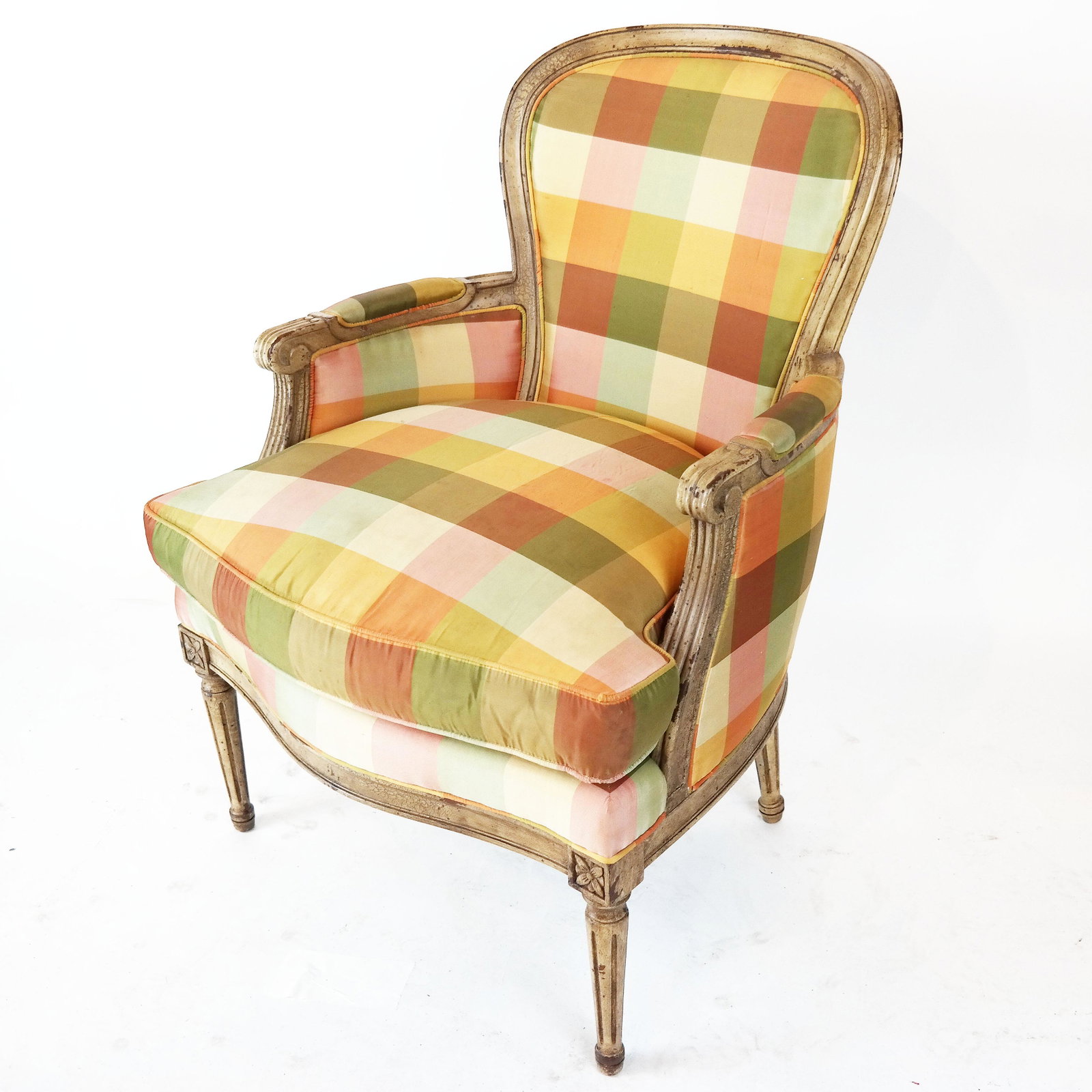 Hickory Louis XVI-Style Bergere: Hickory Chair Co. Louis XVI-style painted bergere, with silk upholstered back and seat cushion. [37" H x 25 1/2" W x 20" D]. Paint wear.