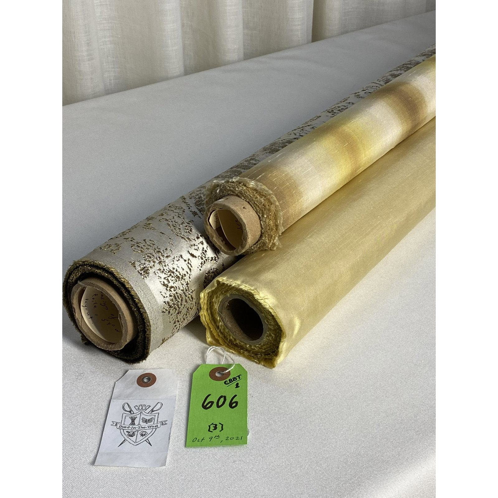 Scalamandre Silks And Other Fabric: 1 - 20 3/4 yards of Scalamandre / Stark, soft gold, silk duppioni taffeta called "Duppioni Solid" Item #7621696, 54" wide. Best for windows. 2 - 3 yards of Scalamandre's silk ombre warp stripe in gold