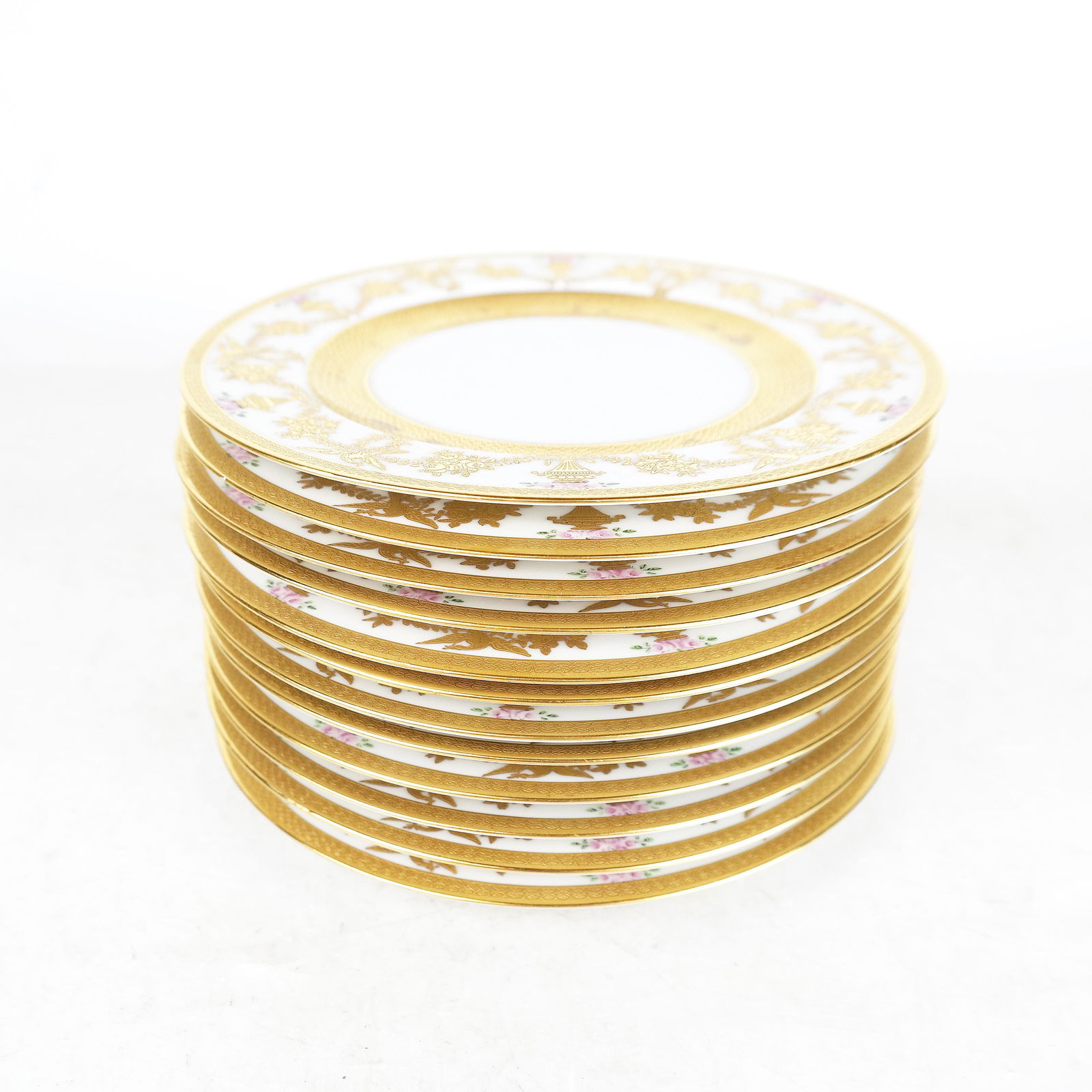 Set 12 Hutchenreuther Salad Plates: Set of 12 plates, gilt encrusted with color flowers. [8" Diam.].