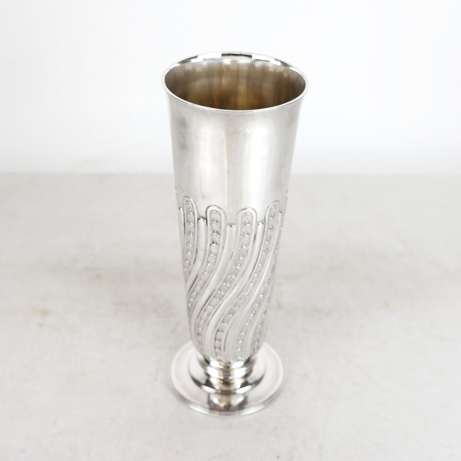 19th C. English Silver Beaker-Form Vase: English silver vase with swirl and scale designs. London, 1886. 9.1 ozt. [9 1/2" H].