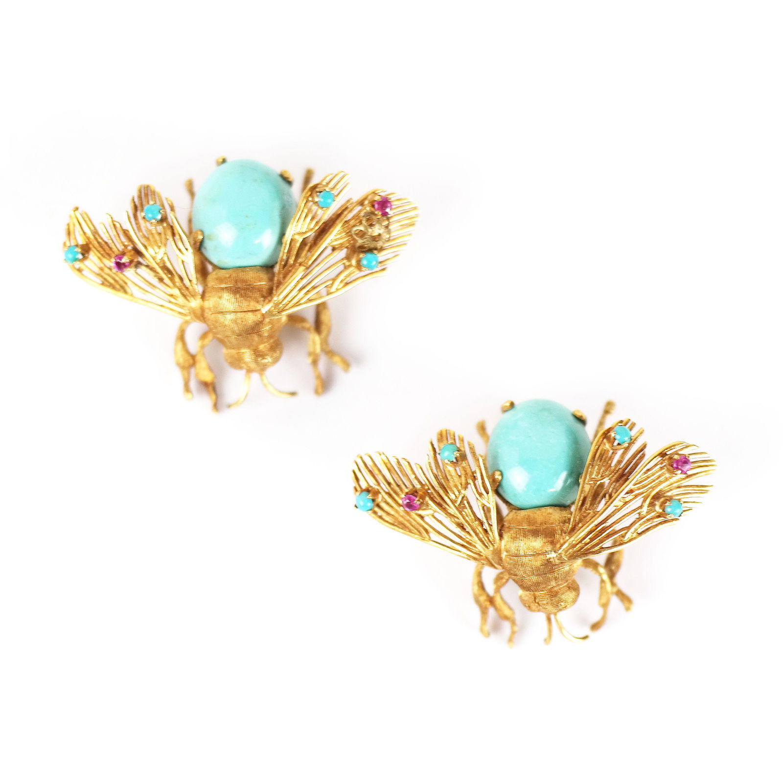 Matched Pair 18K Gold & Turquoise Bumble Bee Pins (1 of 7)