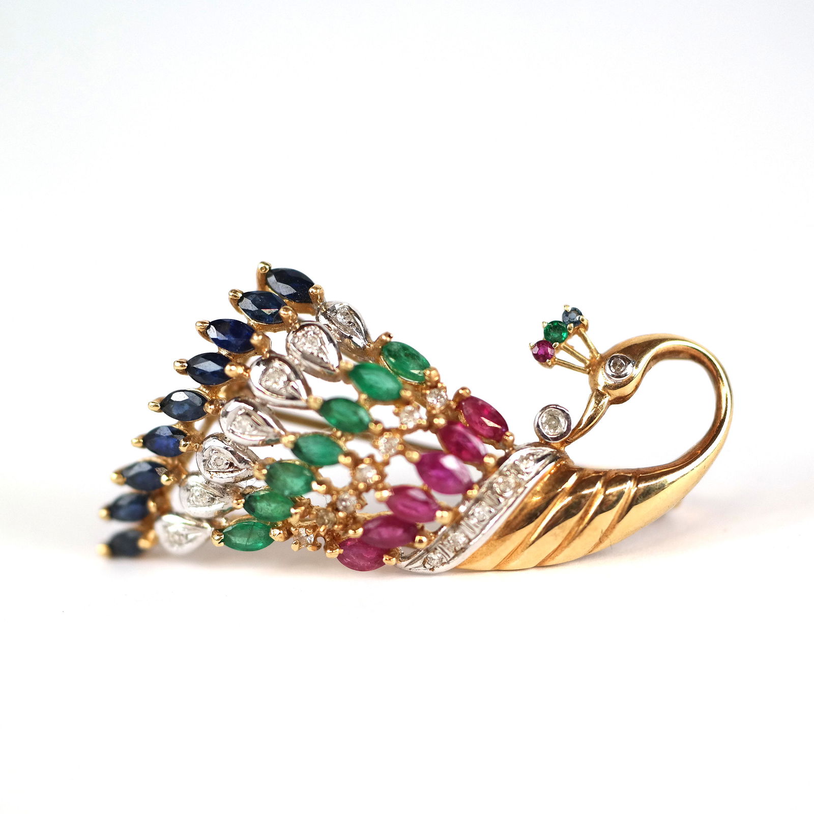 14K, Ruby, Sapphire, Emerald & Diamond Peacock Pin (1 of 6)