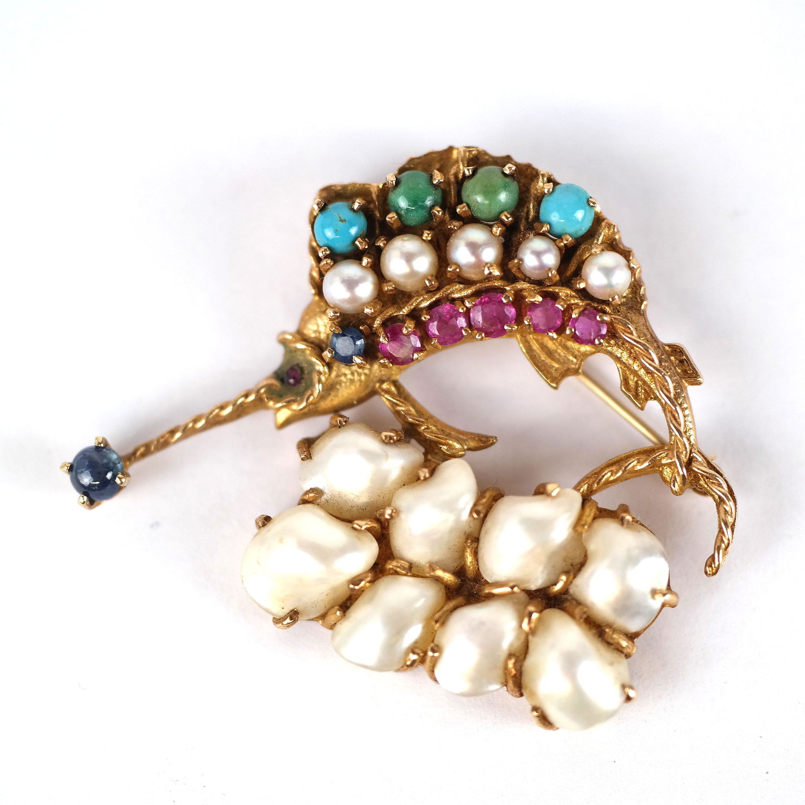 14K Gold, Pearl, Turquoise, Ruby & Sapphire Pin (1 of 8)