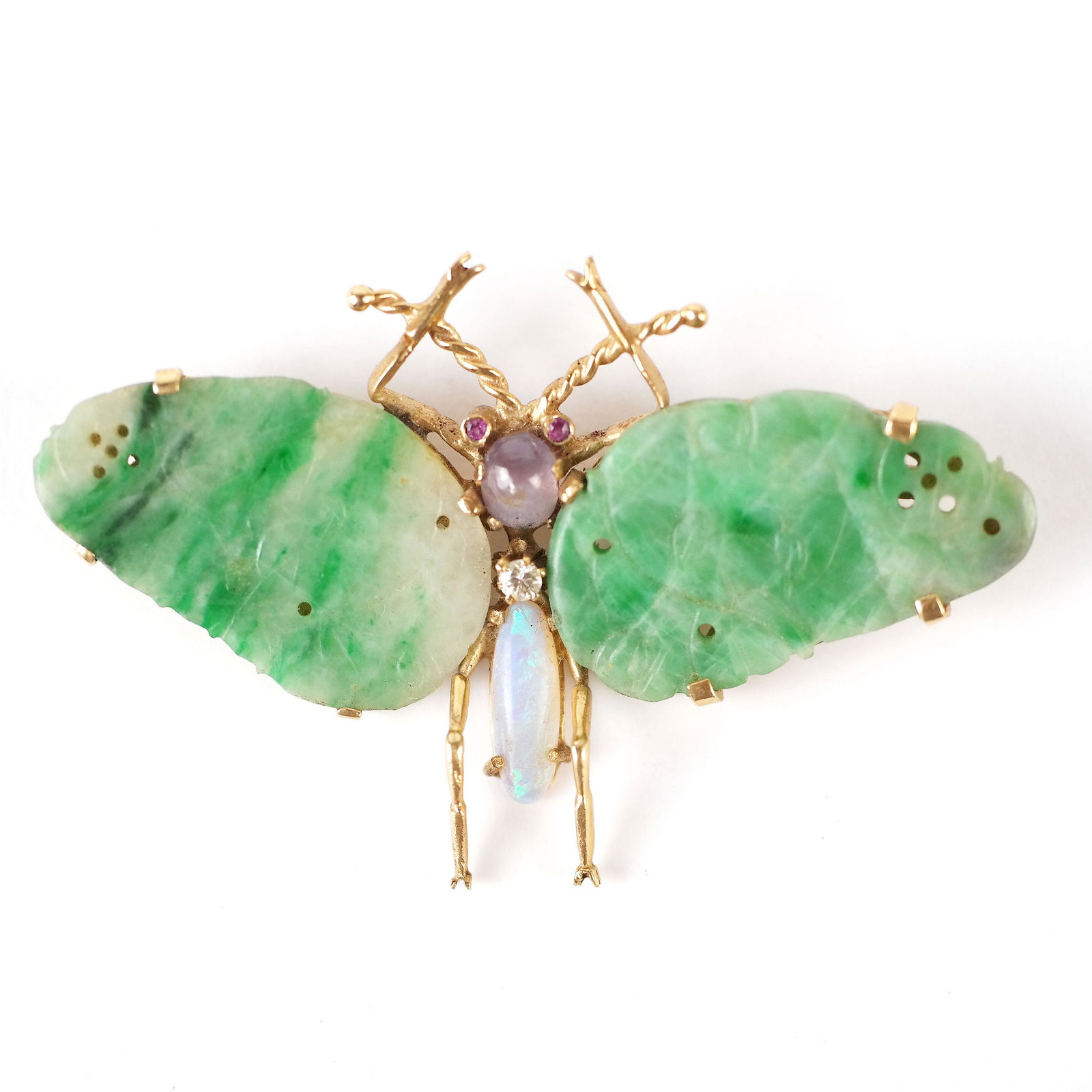 14K Gold, Jade, Opal, Ruby & Sapphire Moth Pin (1 of 8)