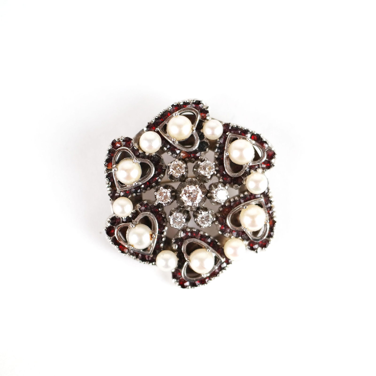 14K Gold, Pearl, Garnet & Diamond Heart Pin (1 of 5)