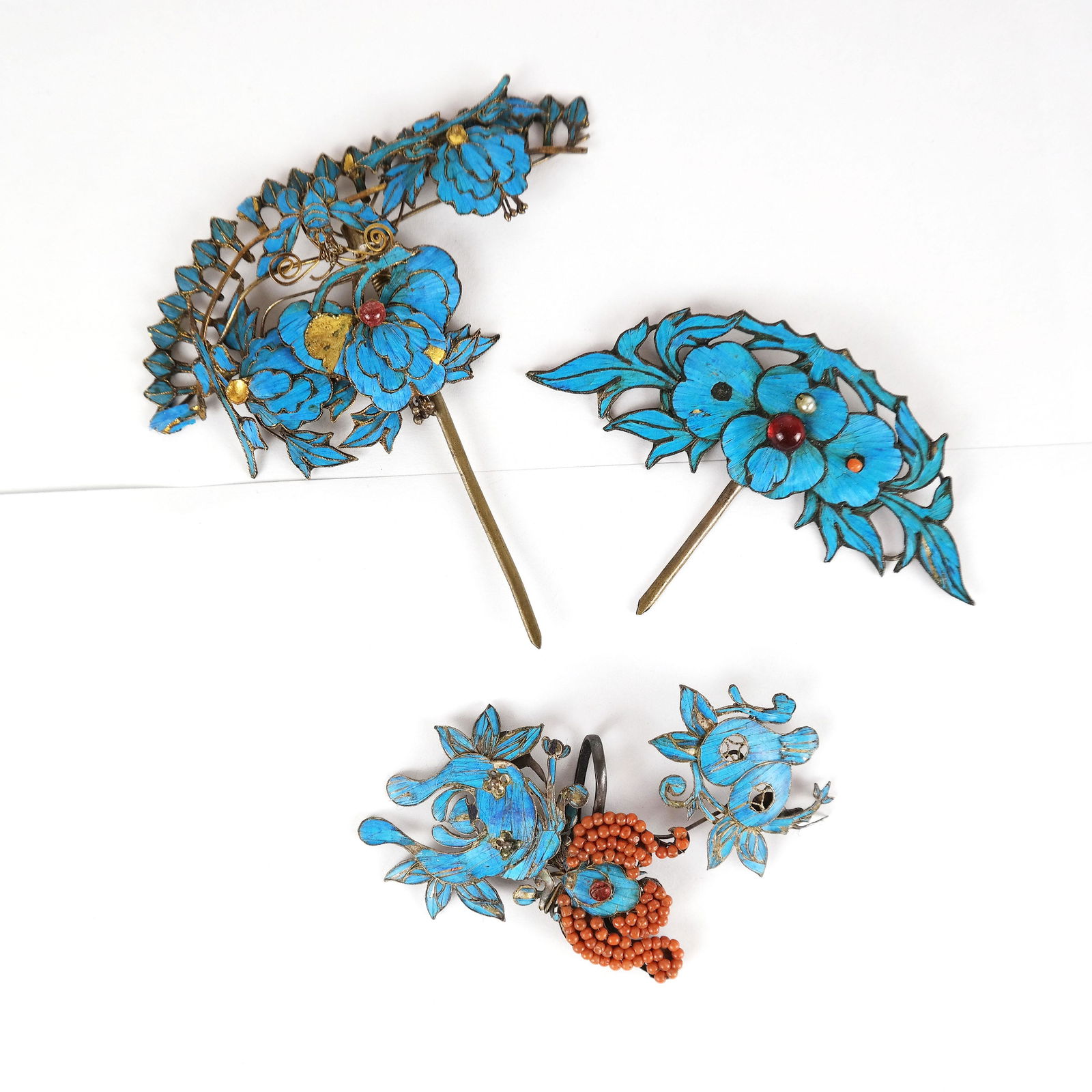 19th C. Chinese Kingfisher Hair Pin Group (3 Pcs) (1 of 15)