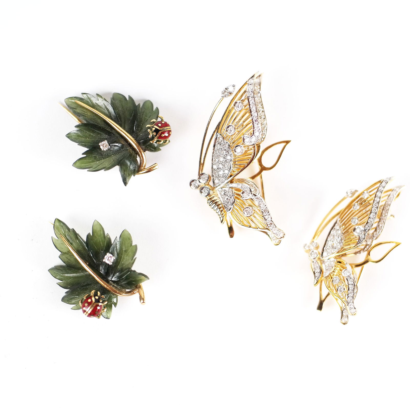 Pair of Jadeite Leaf Pins and Diamond Quiver Pins (1 of 7)