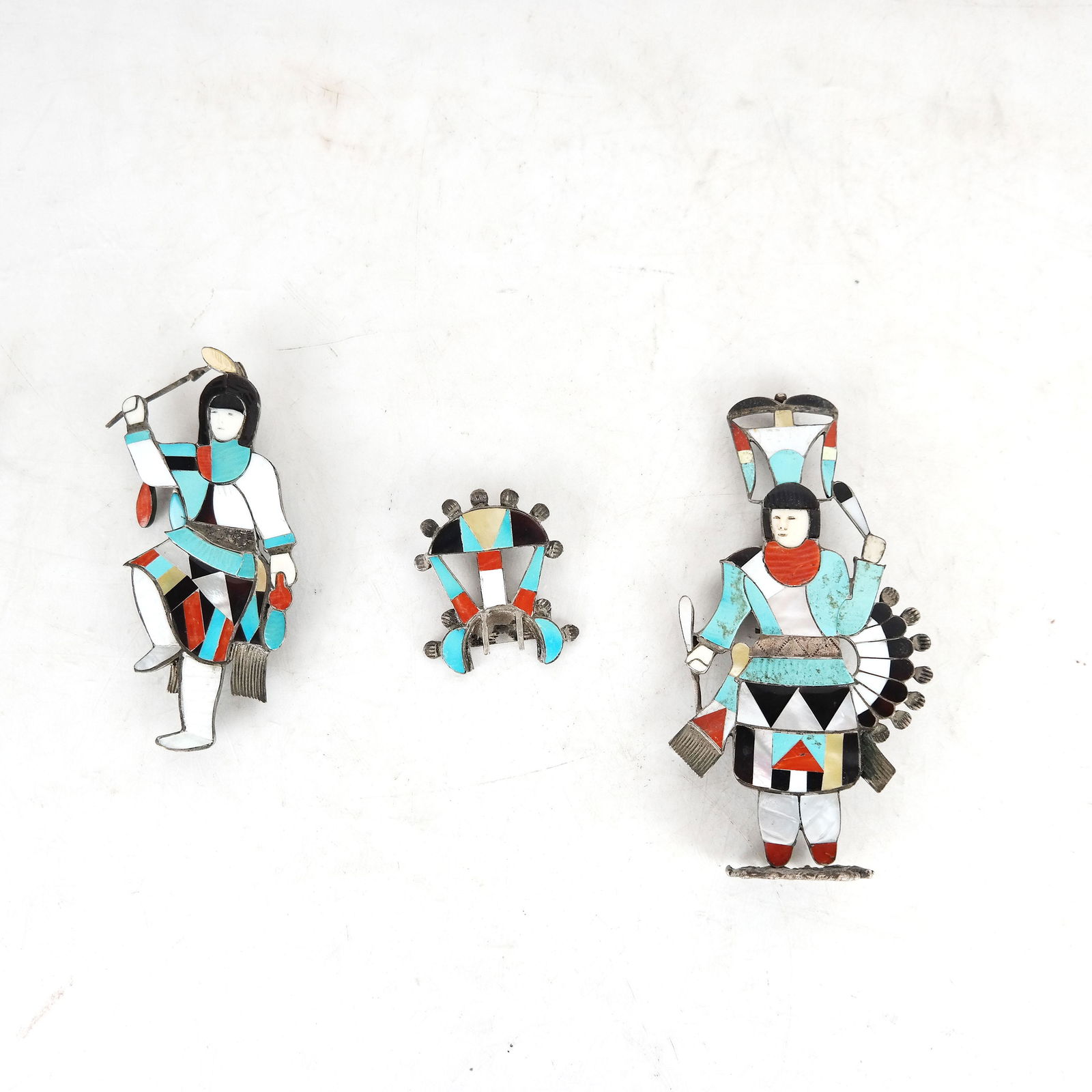 Three Zuni Silver, Turquoise & Coral Pins (1 of 8)
