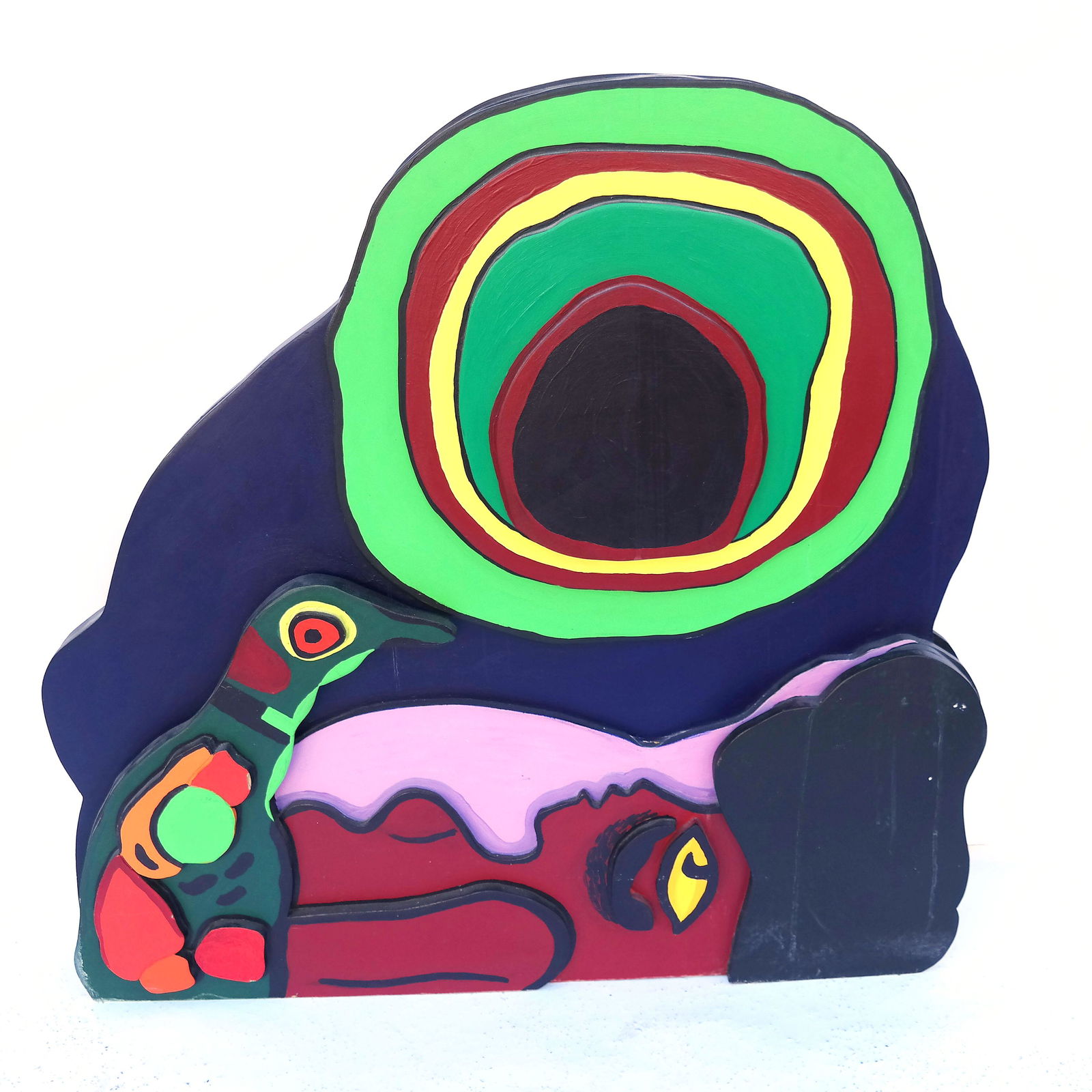 Corneille BEVERLOO: Nude & Bird Relief Sculpture: Three-dimensional hand-painted polychrome wood sculptural relief of a nude lady with a bird, numbered 6//8, by Corneille Guillaume Beverloo (Dutch, 1922-2010). [39" H x 39" W x 5 3/4" D].