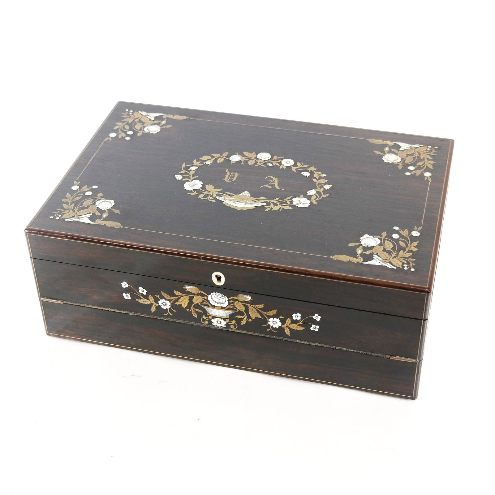 19th C. French Inlaid Lap Desk: Brass and bone inlaid hardwood lap desk with floral motif cartouches, leather interior pockets, writing slope, ink bottles, cubbies and compartments. Top with "VA" inscribed to base. No key. [5 1/2" H
