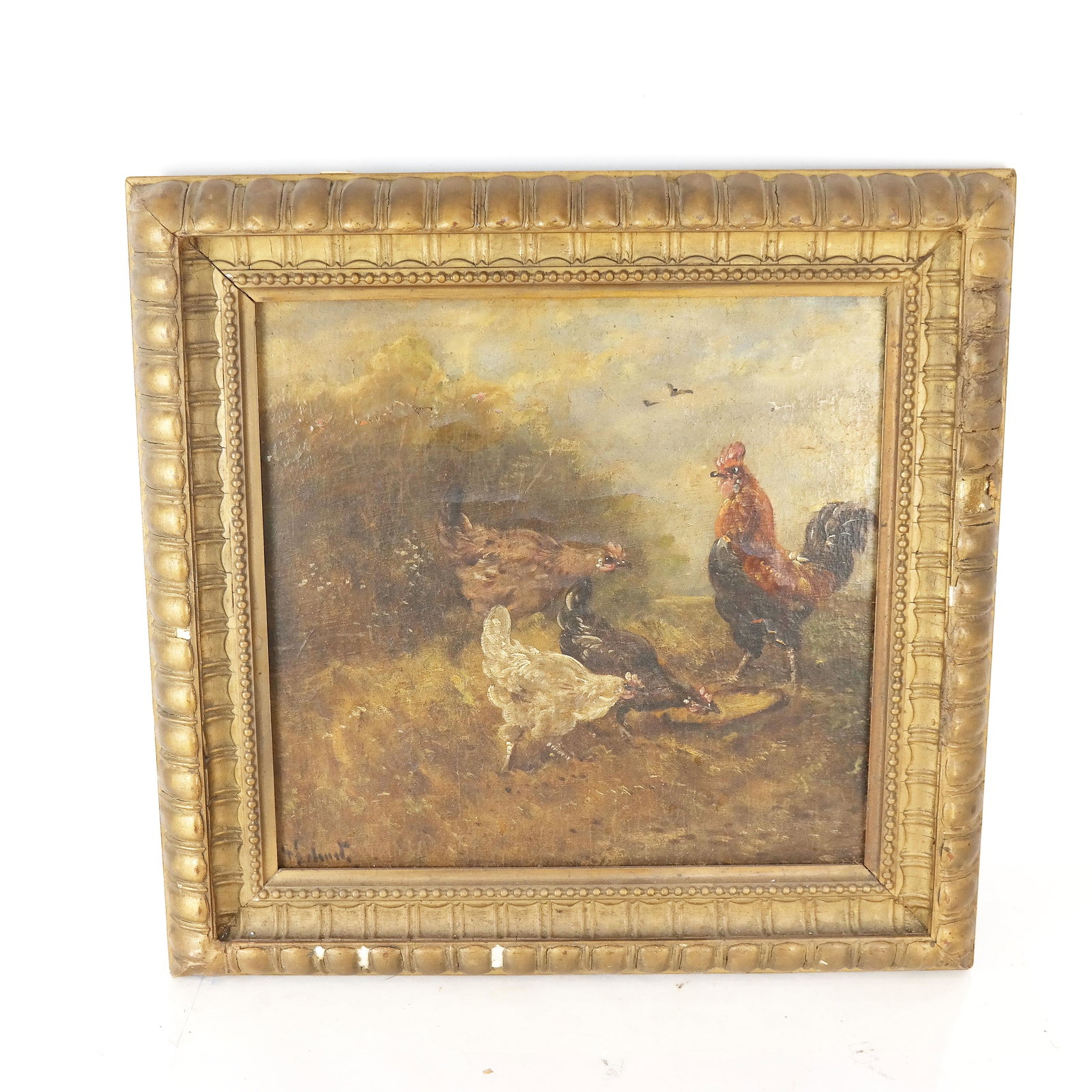 Henry SCHOUTEN: Cock and Hens - Oil Painting: Oil on canvas laid on board of cock and hens, signed lower left, by Henry Schouten (Belgian 1857-1927); labels to reverse. [Art: 13 1/2" H x 14" W; Frame: 19 1/4" H x 19 3/4" W]. Heavy cracking and lo