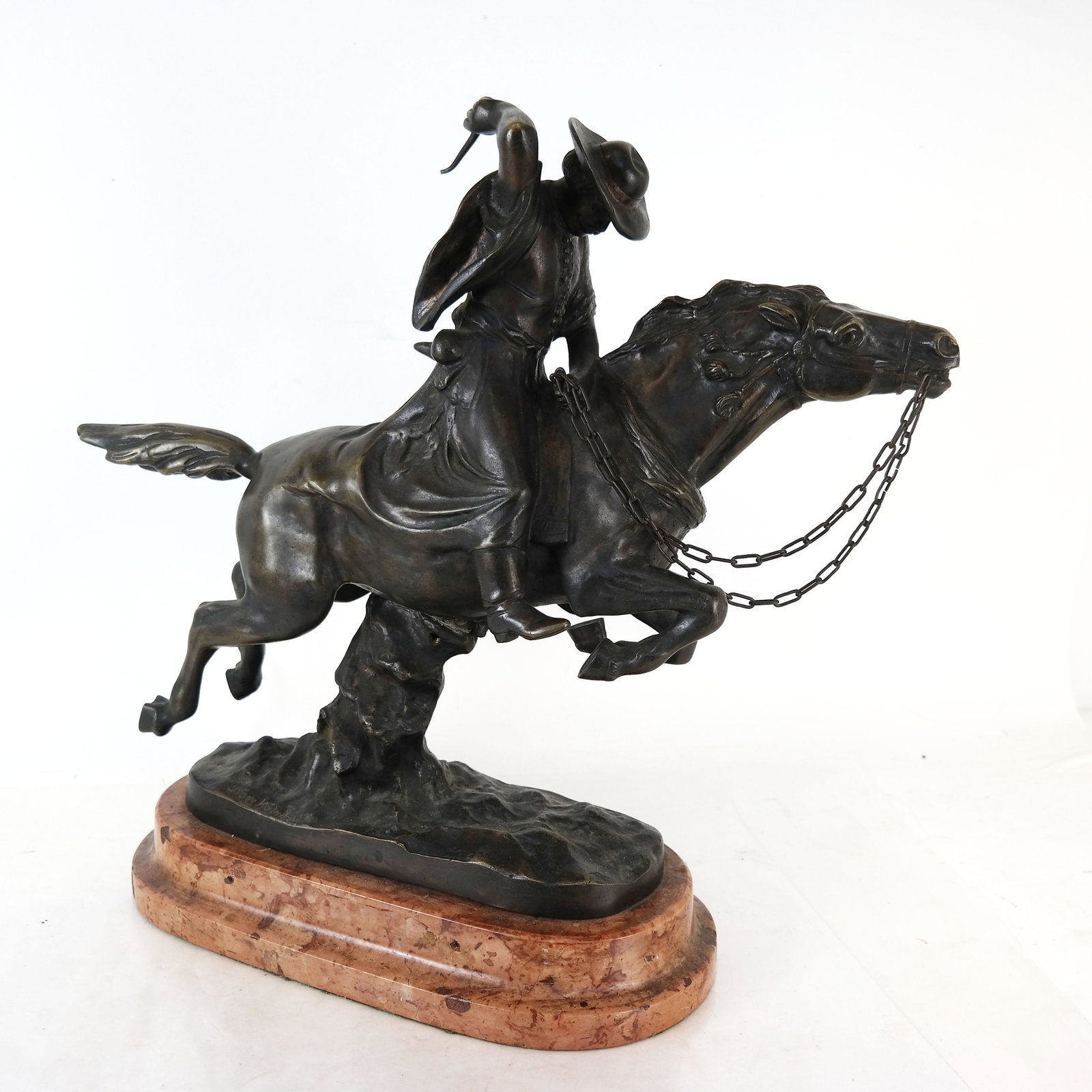 Kalman NAGY: Horse & Rider - Bronze Sculpture: Bronze sculpture of a horse and rider, signed "Nagy" to base, on a marble plinth, by Kalman Nagy (Hungarian, 1872-1902). [Overall (including the 2" base): 18" H x 19" W x 6 1/2" D]. Wear and rubbing; 