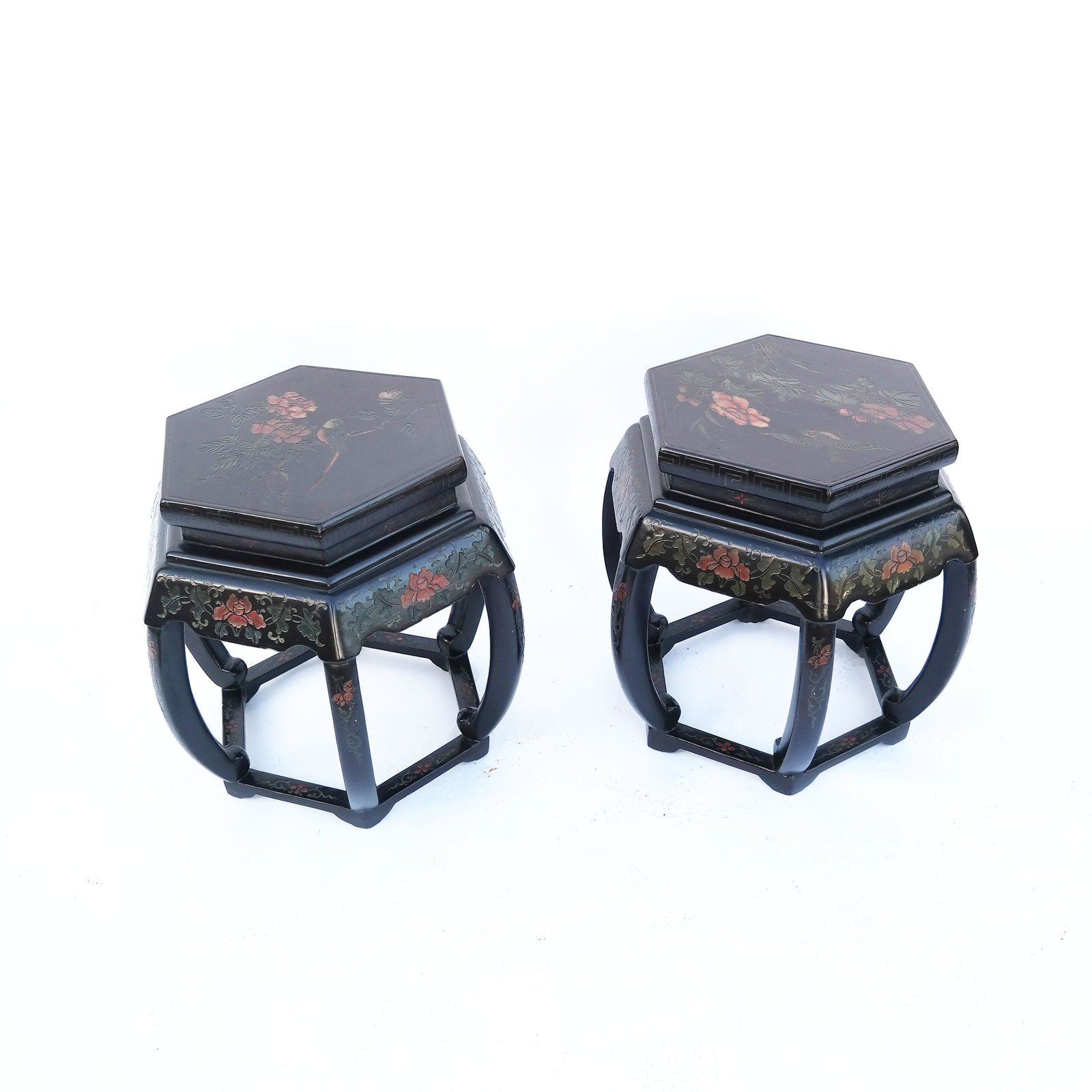 Pair of Coromandel Lacquer Taborets: Pair of Chinese late 20th century coromandel lacquer taborets / tables. [15" H x 15" Diam.]. In good condition.