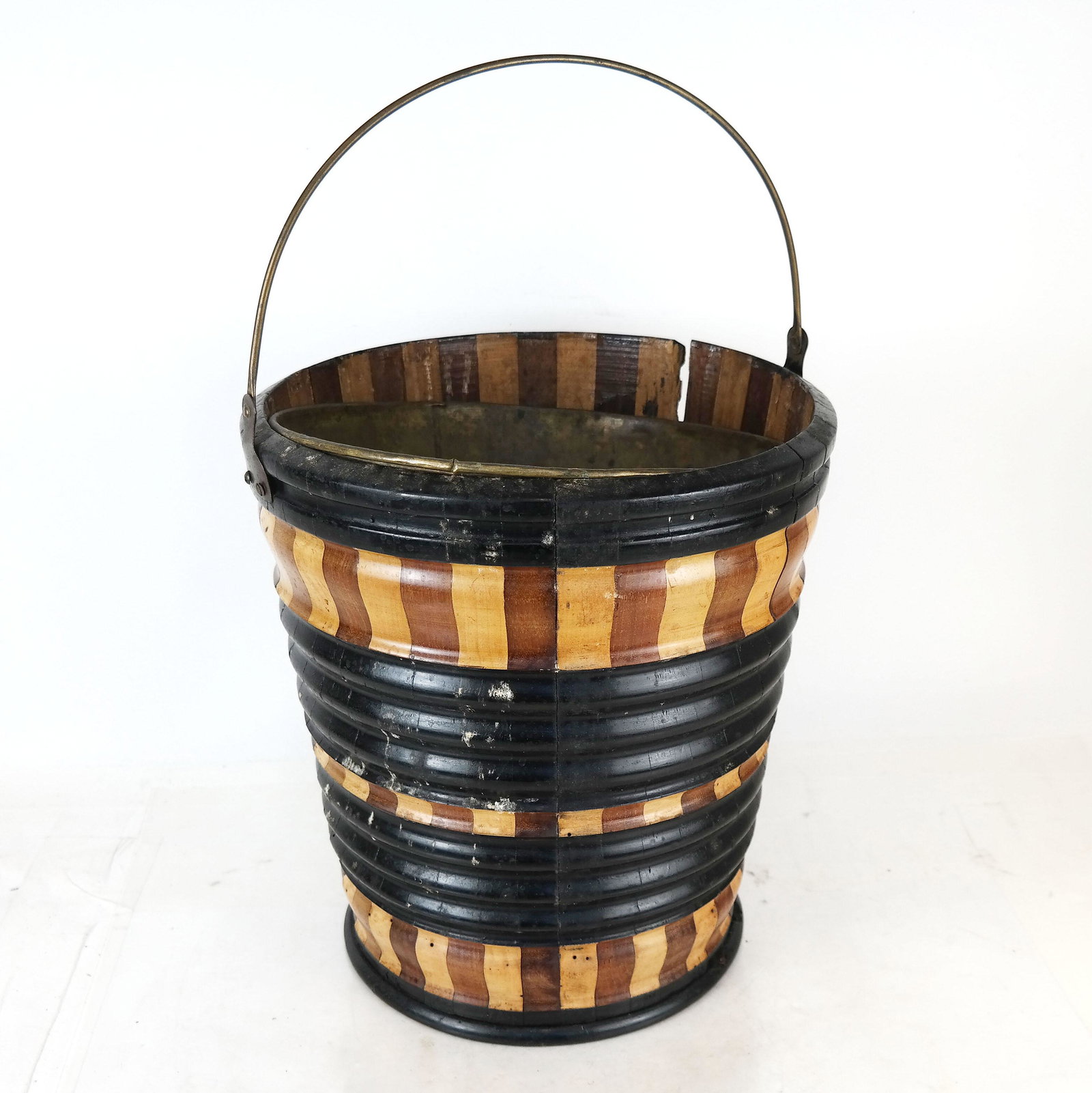 Antique Dutch Planter/Bucket: Antique Dutch planter/bucket, horizontally reeded with inlaid light and dark woods, with liner and handle. [13" H x 12" Diam.].