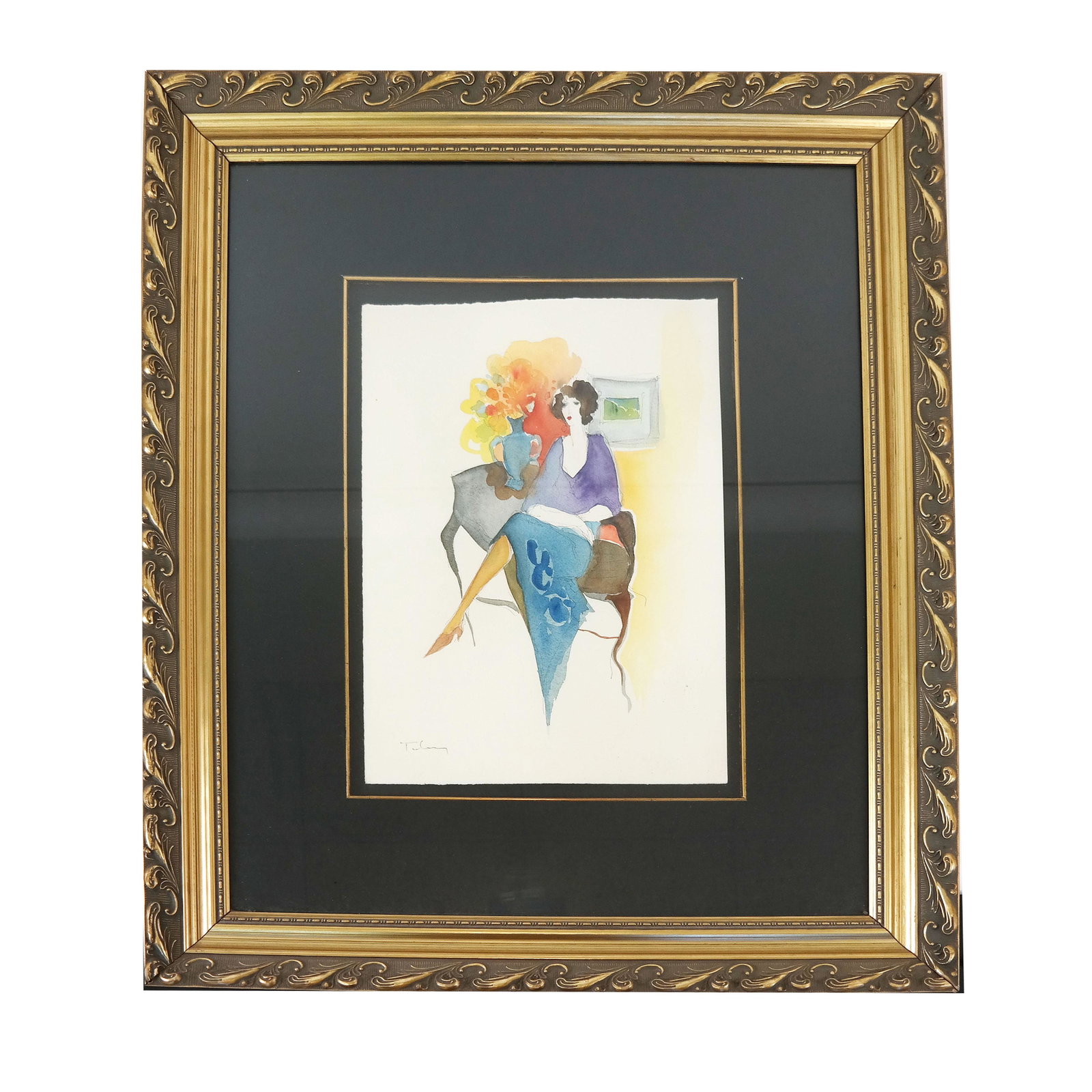 Itzchak TARKAY: Woman at Table - W/C Painting: Watercolor on paper painting of a woman at a table with flowers, signed lower left. [Art: 16" H x 12" W; Frame: 31" H x 26" W].