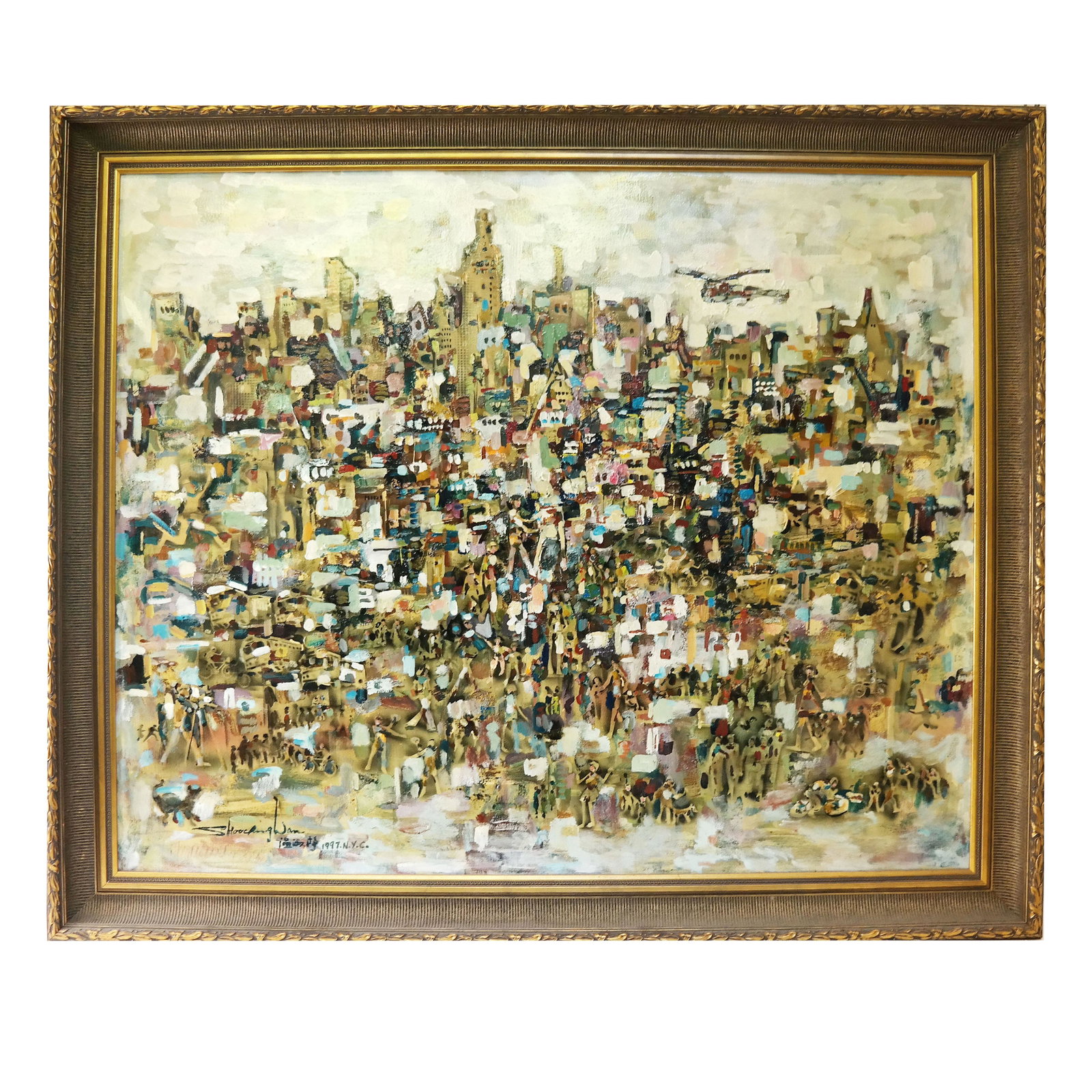 Shooking WAN: NYC Scene - Oil Painting: Large oil on canvas of a NYC scene with helicopter, signed and dated 1997. [Art: 39" H x 47" W; Frame: 47" H x 55" W].