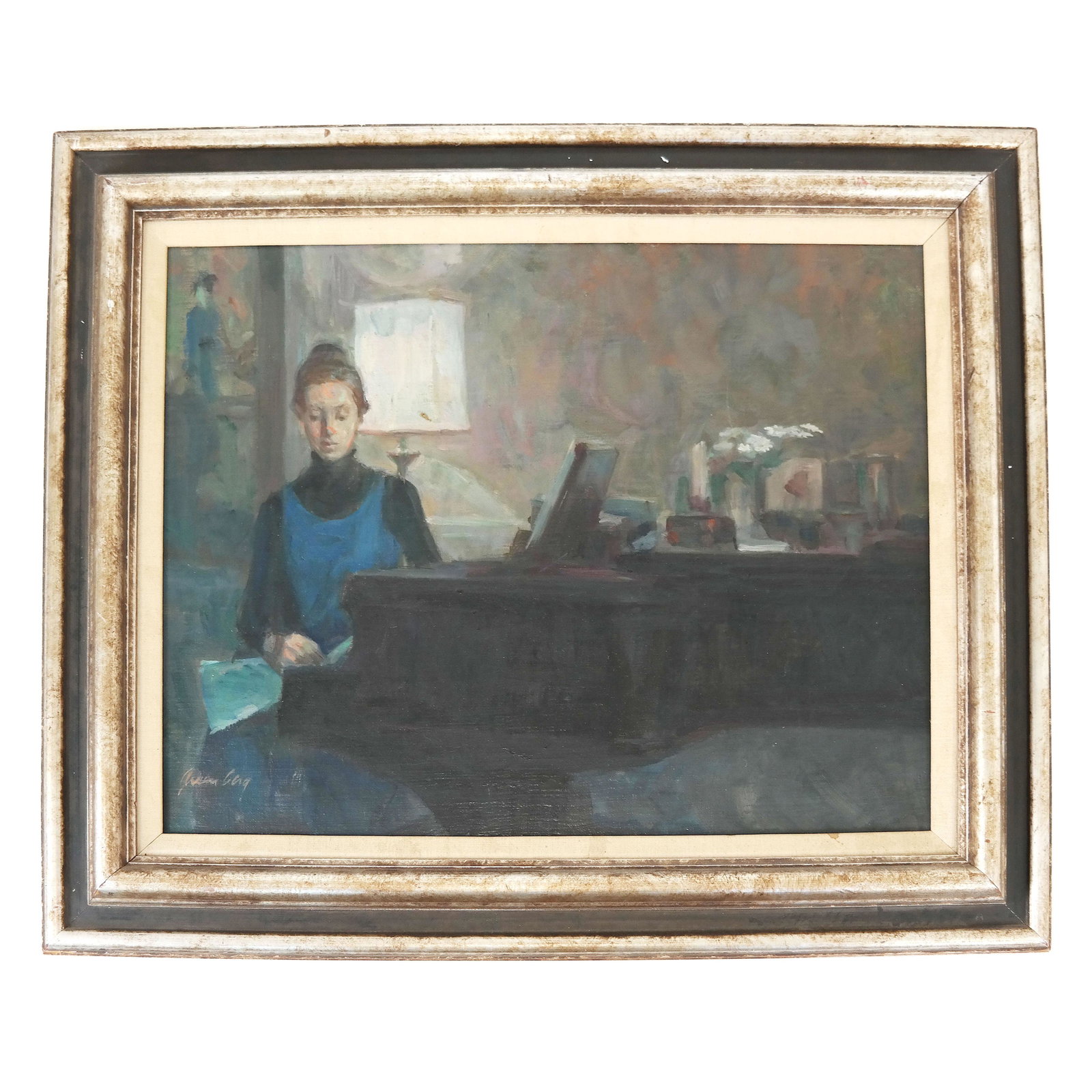 GREENBERG: "Victoria" Study - Oil Painting: Oil on canvas study of a woman at a piano, signed lower left, title on back frame. [Art: 13" H x 17" W; Frame: 19" H x 23" W].