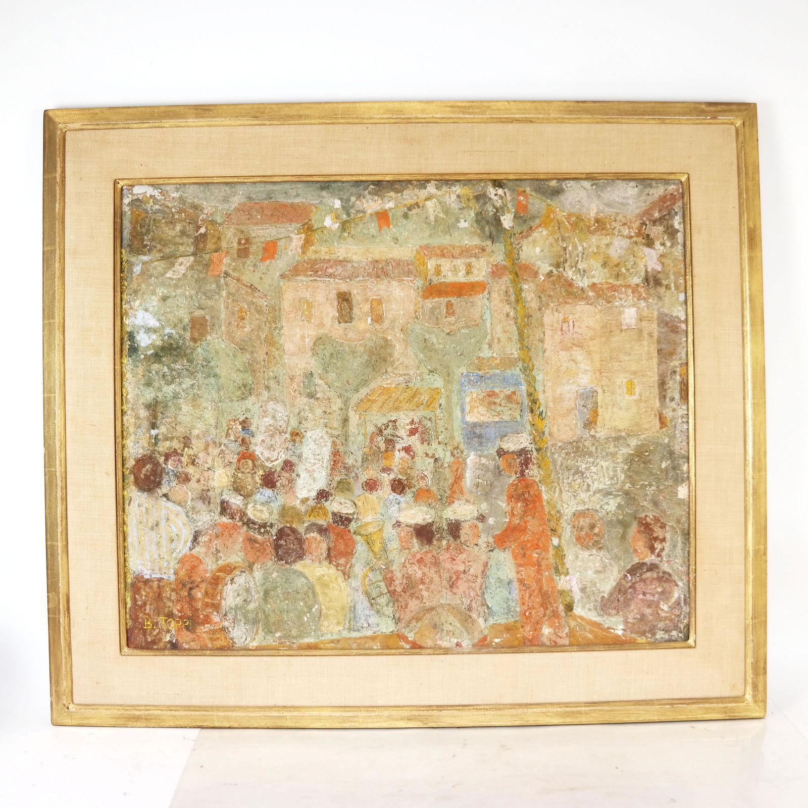 B. TOPPI: "Musiciens sur la Place": Mixed Media: Mixed media on masonite of figures in front of houses, signed lower left. [Art: 20" H x 25" W; Frame: 28" H x 32" W]. Chipping paint.
