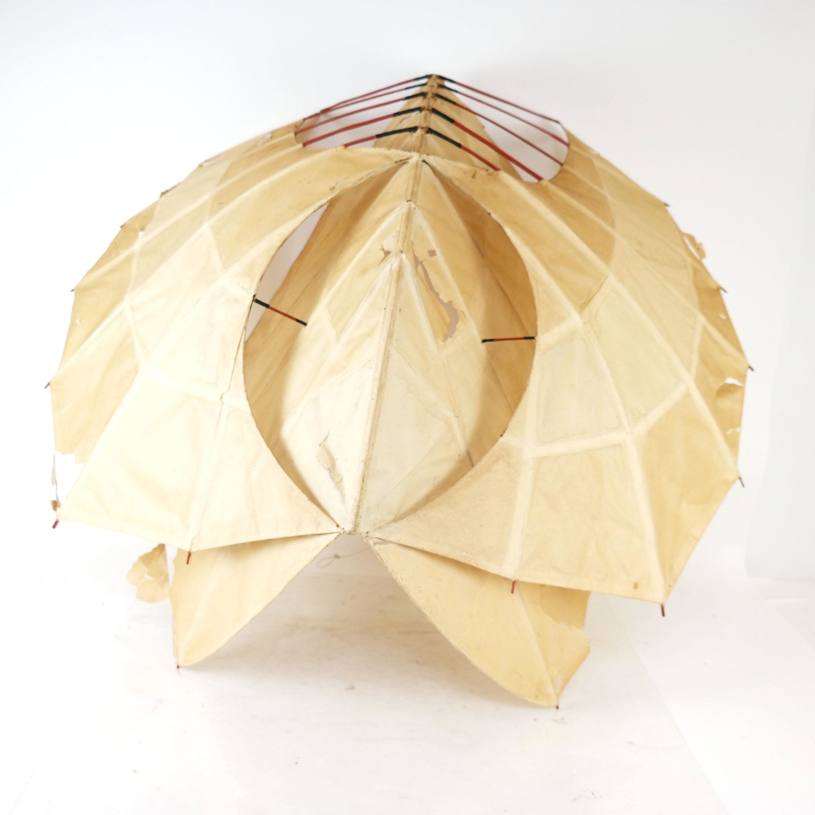 Unusual Vintage Japanese Paper & Wood Kite: Japanese paper and wood kite mounted as a hanging decoration. [16" H x 32" W x 32" D]. Rips; tears; as is.