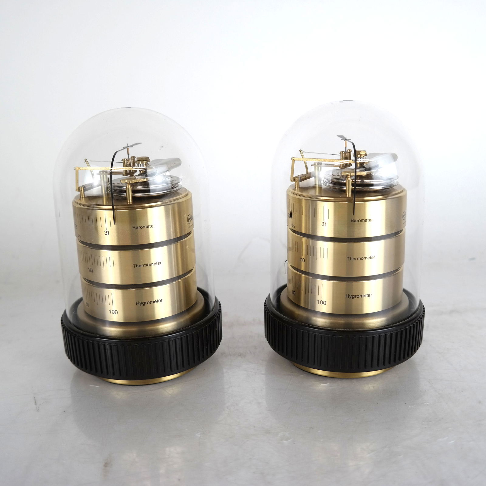 Barigo Thermometer & Hygrometer (2 Items): A barometer and hygrometer, each with a plastic dome. [Unit: 6 1/4" H x 3" Diam.; Dome: 6" H x 4 1/4" Diam.].