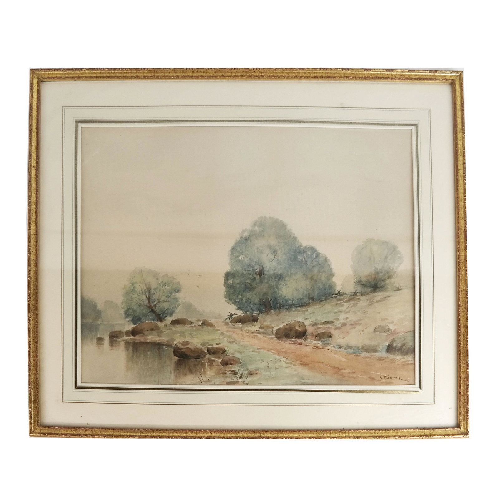 C.F. SHUCK: Landscape - Watercolor Painting: Watercolor on paper painting of a path by a lake, signed lower right. [Sight: 13 1/4" H x 18" W; Frame: 19 1/4" H x 24" W]. In good condition.