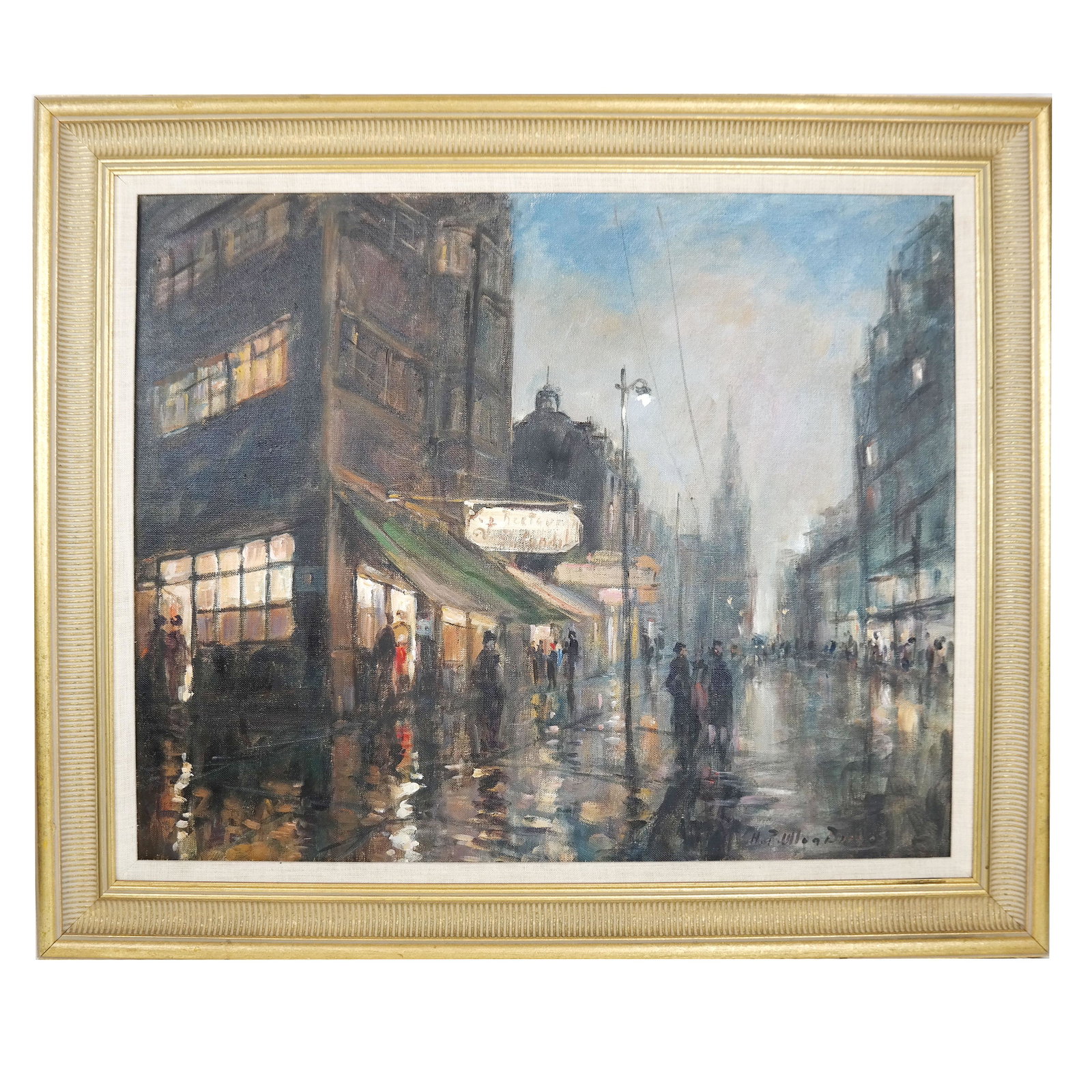 Impressionist City Street Scene - Oil Painting: Impressionist-style oil on canvas painting of a street scene in the evening. with a church in the distance. Signed illegibly lower right. [Art: 20' H x 24" W; Frame: 25 1/4" H x 29 3/4" W]. In good co