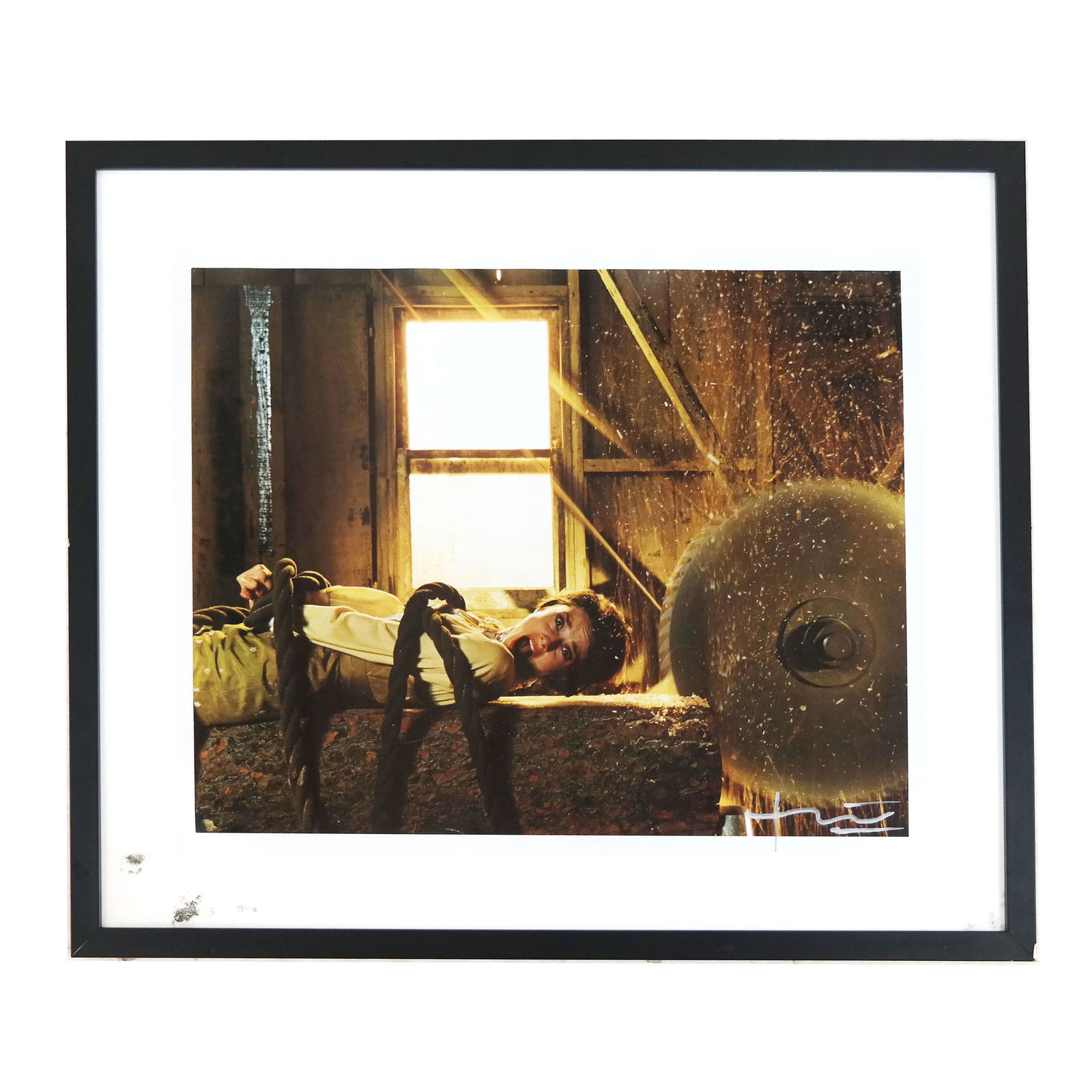 Bert STERN: Woman on a Saw - Photo Reprint: Photo of a woman on a Woodmill table saw, signed in silver marker lower right, with copyright stamp on back. [Image: 16" H x 20" W; Frame: 22" H x 26" W]. Smudge on matting.