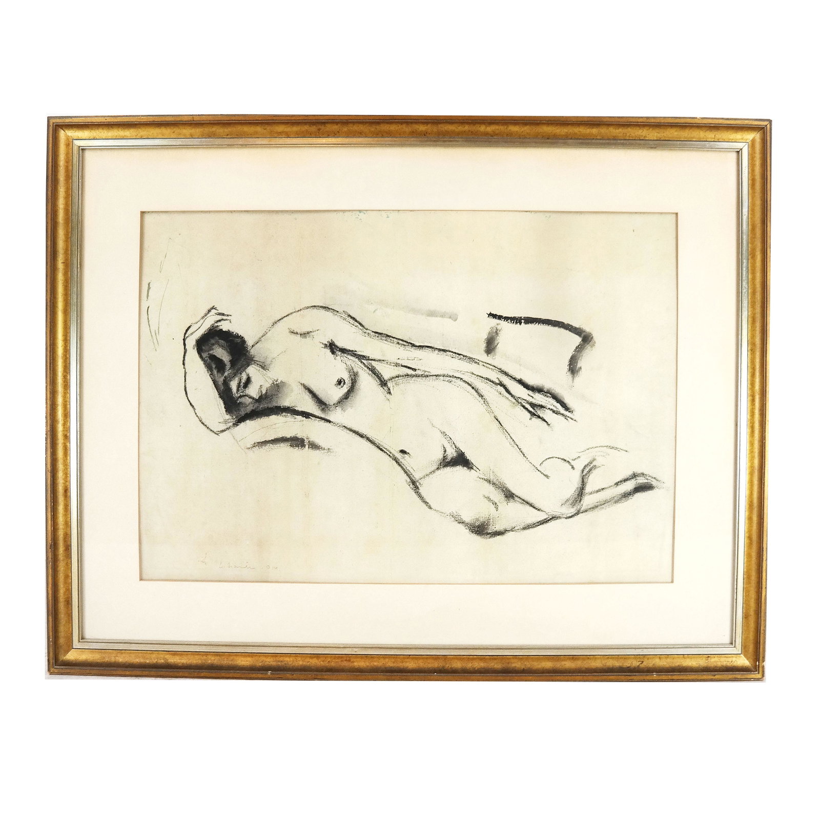 Ink on Paper Painting of a Reclining Nude: Ink on paper painting of a reclining nude, signed lower left illegibly. [Sight: 18 1/4" H x 27 1/4" W; Frame: 28" H x 37" W]. In good condition.