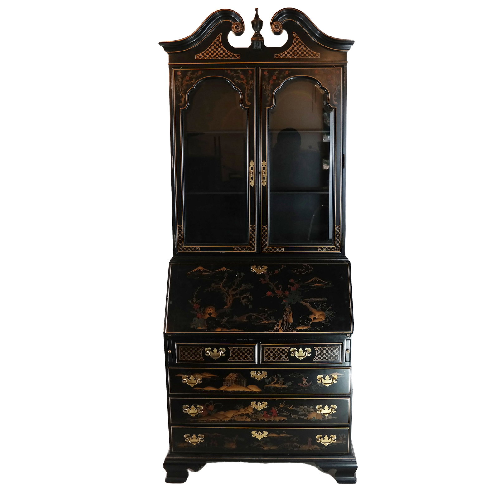 Coromandel-Style Secretary: Secretary with Asian-inspired painted designs on ebonized wood, with swan neck pediment. [87" H x 36" W x 20" D]. In good condition.