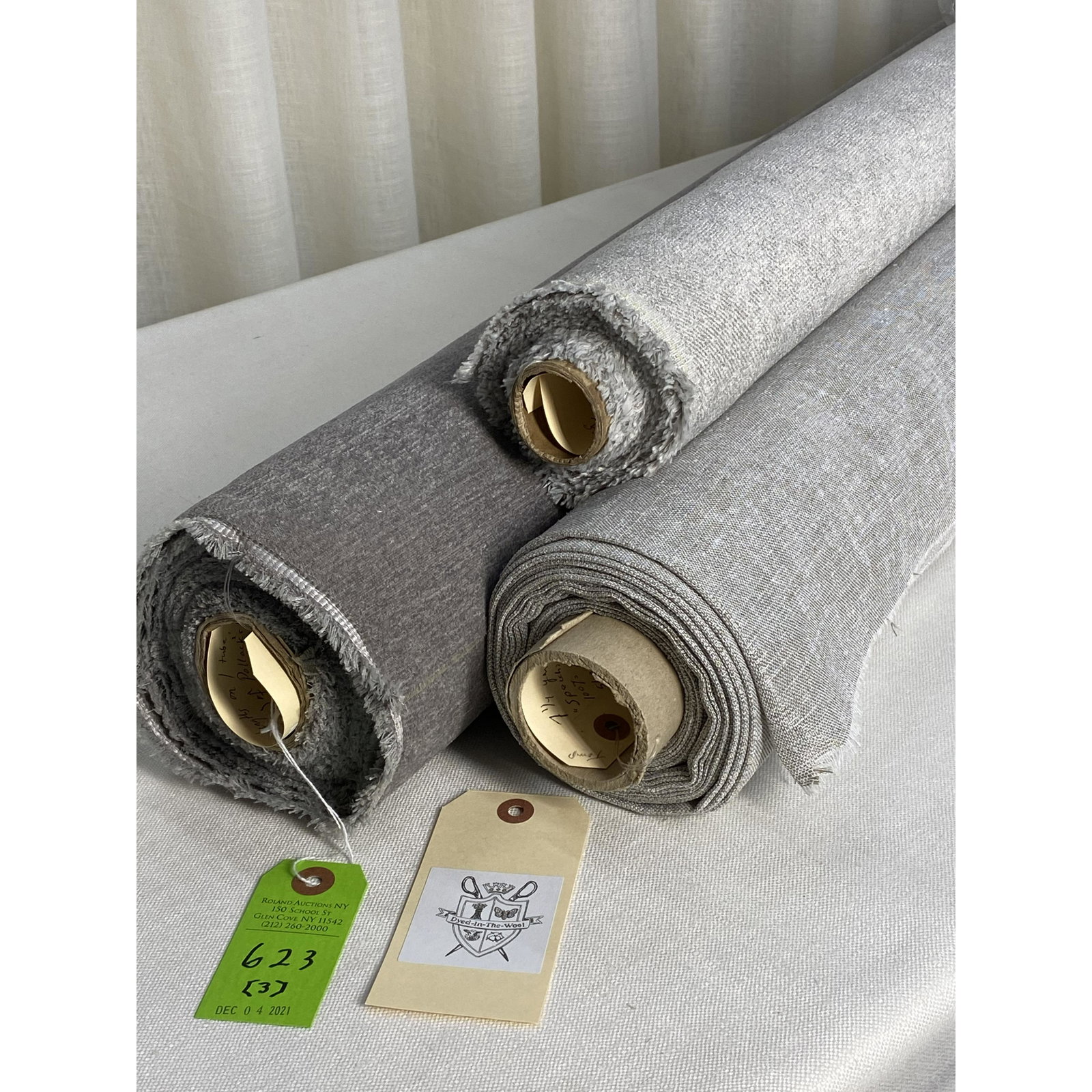 Pollack, Romo & JAB Fabrics: 1) 8 1/4 yards of Pollack / Brentano's grey viscose chenille texture "Moxie" in colorway "Park Air", Item #7207-06, 58" width For upholstery. 2) 3 7/8 yards of Romo's light grey chenille twill, 55" wi