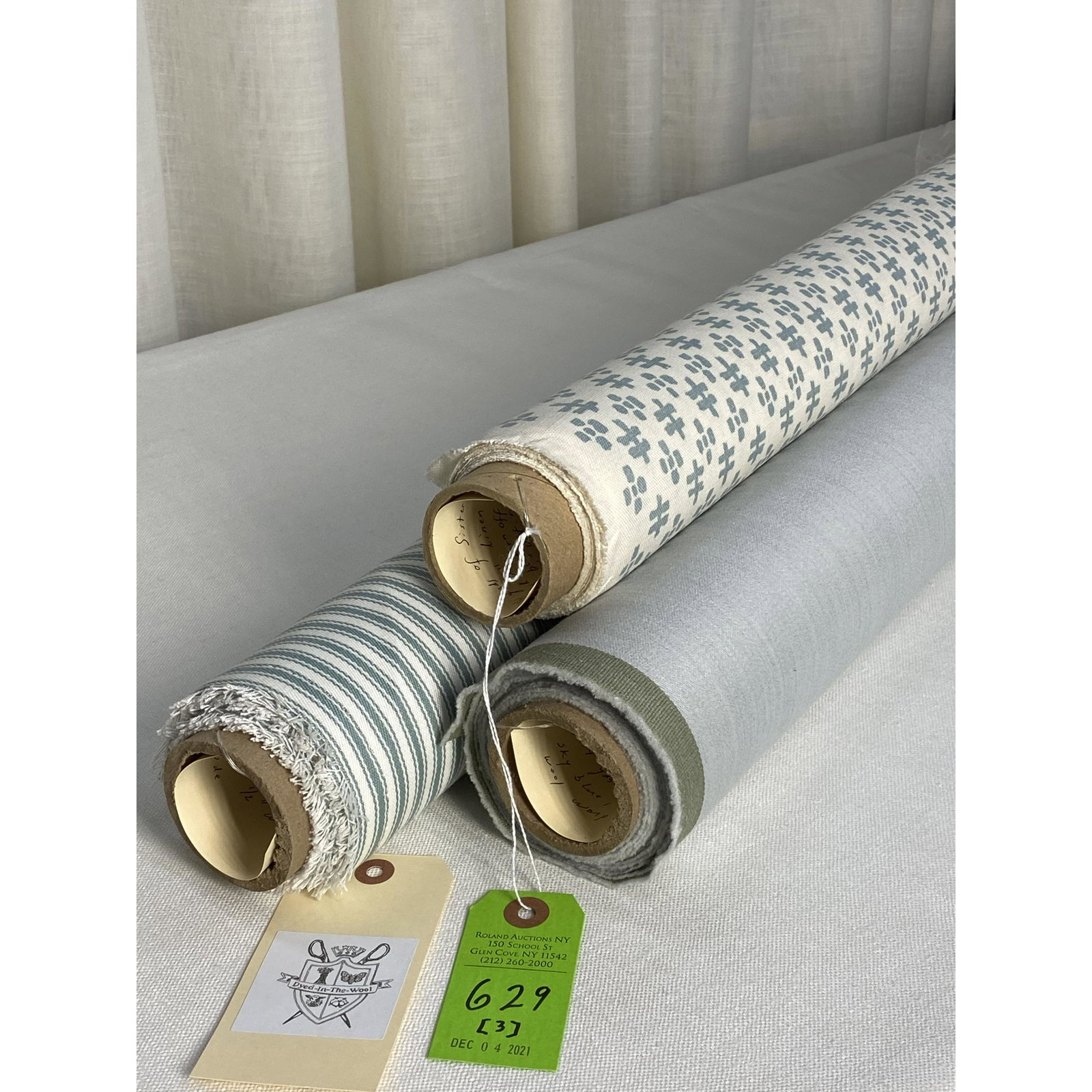 Sister Parish, Holland & Sherry & Stripe Fabrics: 1) 3 3/4 yards of Sister Parish's "Tucker" linen print in French blue on off white, 53" wide. The upholstery and window weight has repeats of 6" vertical by 3 1/4" horizontal. 2) 5 3/4" yards of Holla