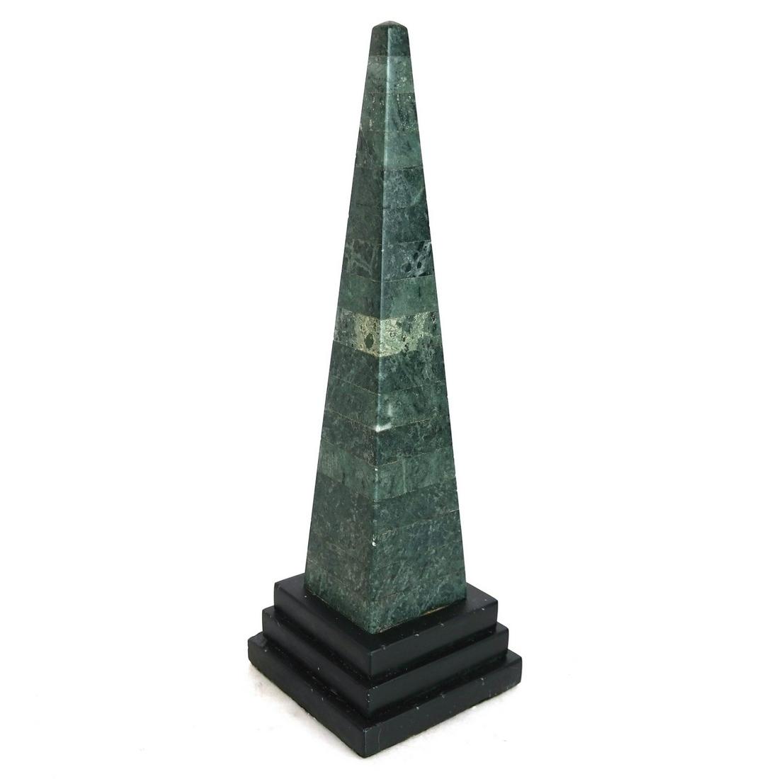 Green Marble Obelisk on Slate Plinth: Green marble obelisk on a stepped slate plinth. [16 H x 5" W x 5" D (base)]. In good condition."