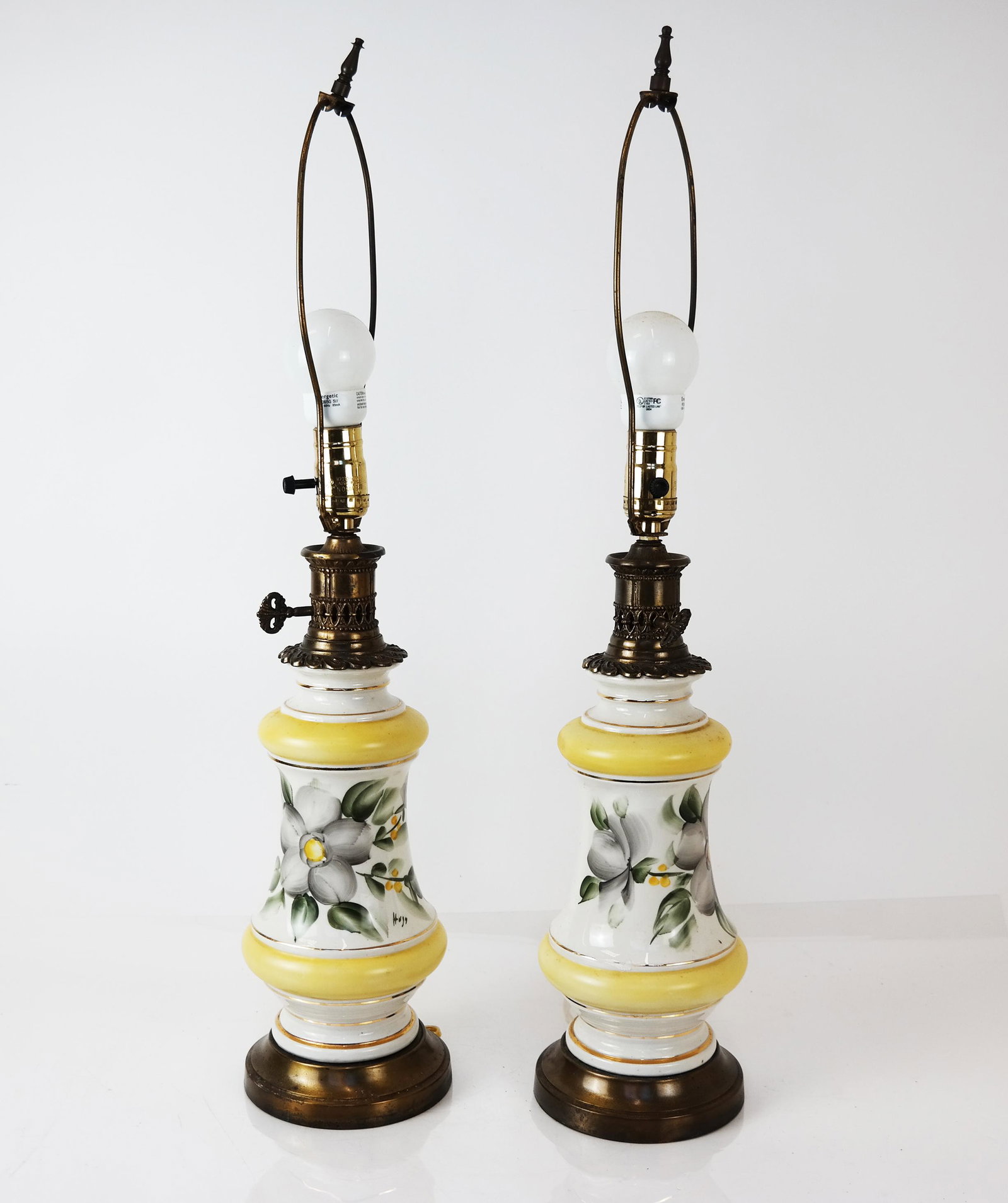 Pair of Parian Porcelain Floral Painted Lamps: Pair of floral decorated parian porcelain lamps. [28" H x 5 1/4" Diam.].