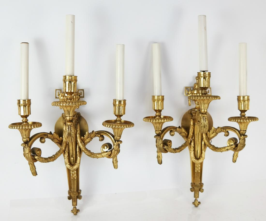 Pair French Bronze Dore 3-Arm Wall Sconces (1 of 10)