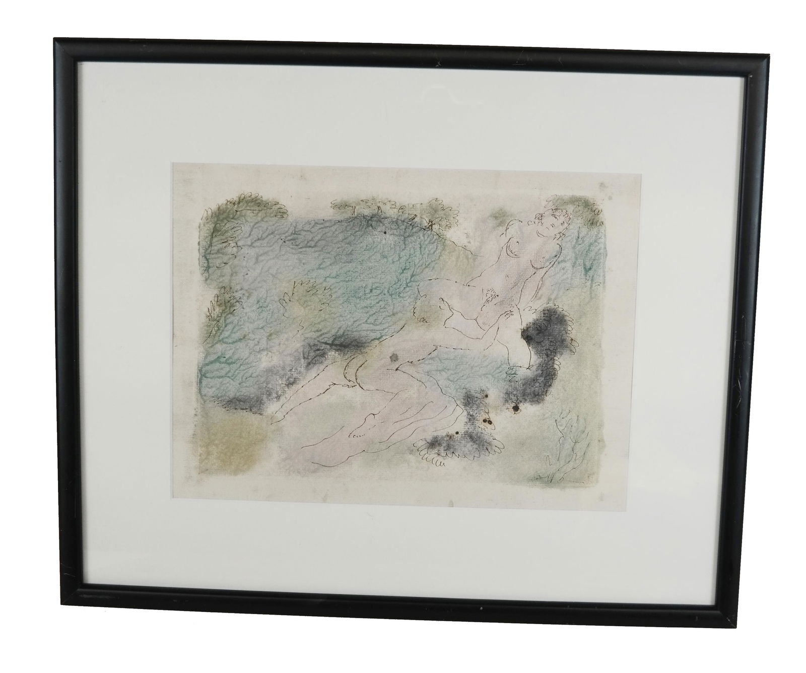 Konrad CRAMER: Erotic Couple - W/C & Ink: Konrad Cramer (American, 1888-1963) erotic watercolor and ink on paper painting of a couple, bearing artist's stamp. [Art: 5 1/2" H x 7 1/8" W; Frame: 14 1/2" H x 17 1/2" W]. In good condition.