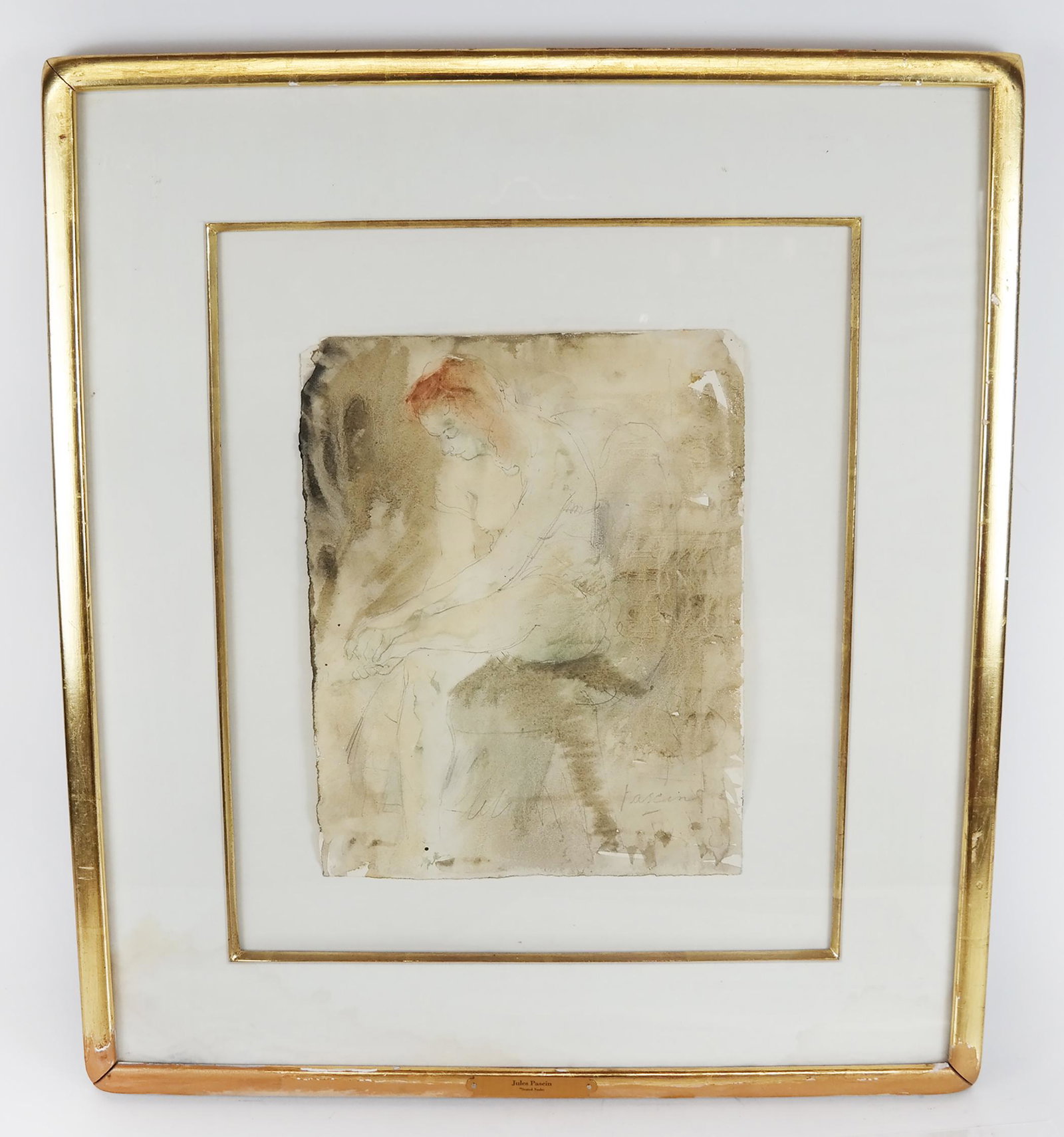 Jules PASCIN: Seated Nude - Ink & Pencil Work: Jules Pascin (French, 1885-1930) ink and pencil on paper painting of a seated nude, signed lower right. Bears Sotheby's label verso. [Sheet: 12" H x 9 1/4" W; Frame: 23"H x 20 1/2" W]. Frame with gilt