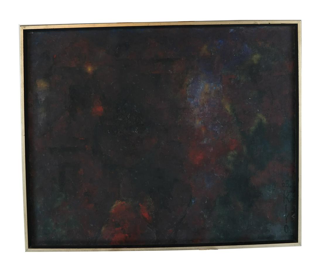 Yoshishige FURUKAWA: Abstract - Oil Painting: Yoshishige Furukawa (Japanese, 1921-2008) abstract oil on canvas, signed and dated '63 lower right, bearing typed label and Gallery Kabutoya label on stretcher verso. [Art: 20 3/4' H x 25 3/4" W; Fram