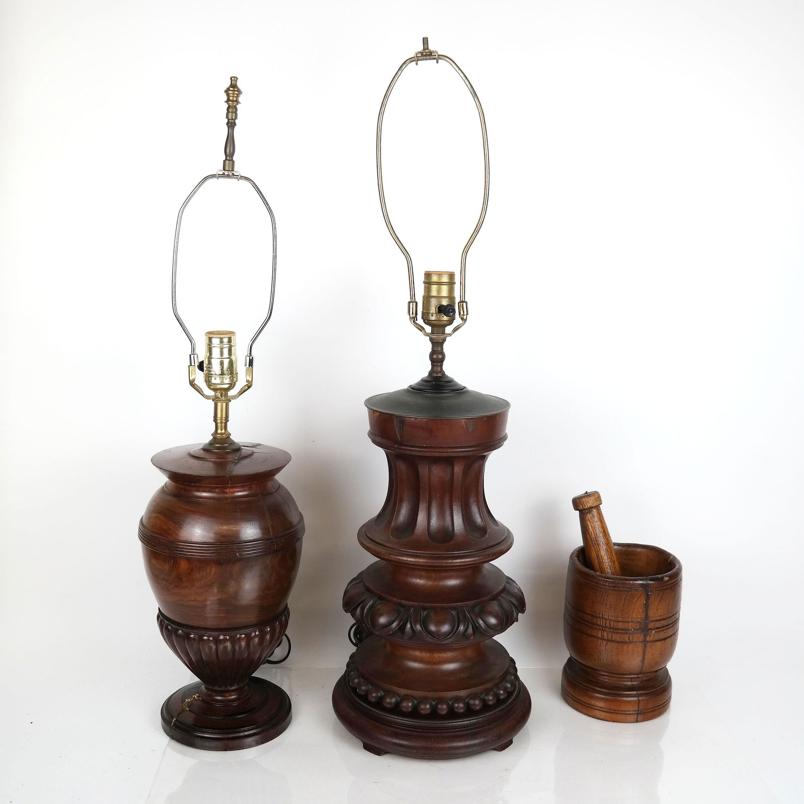 Two Carved Wood Lamps, A Mortar & Pestle (1 of 14)