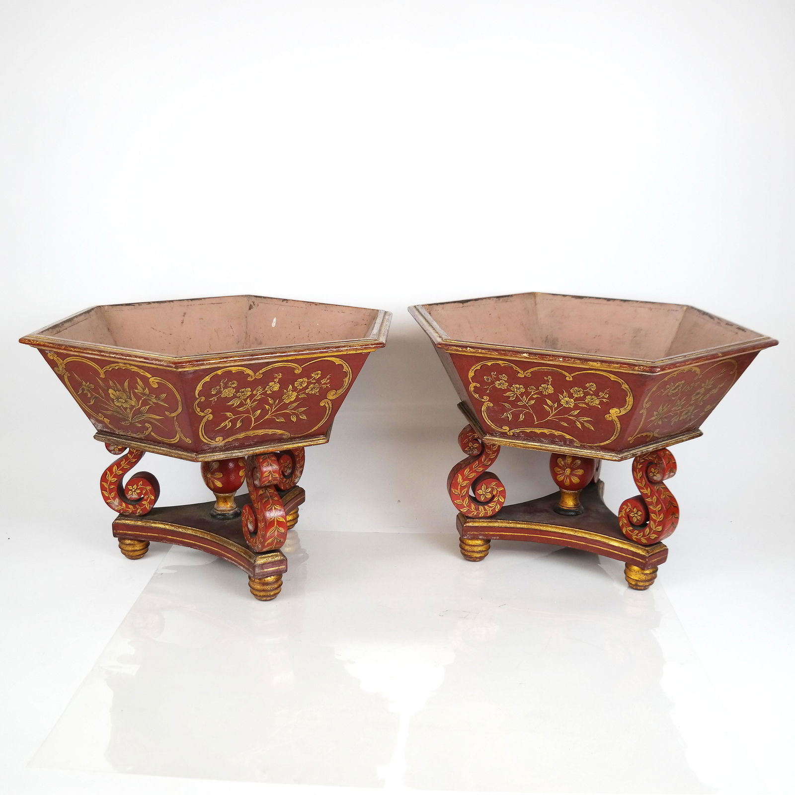 Pair Red Painted Parcel Gilt Planters (1 of 15)