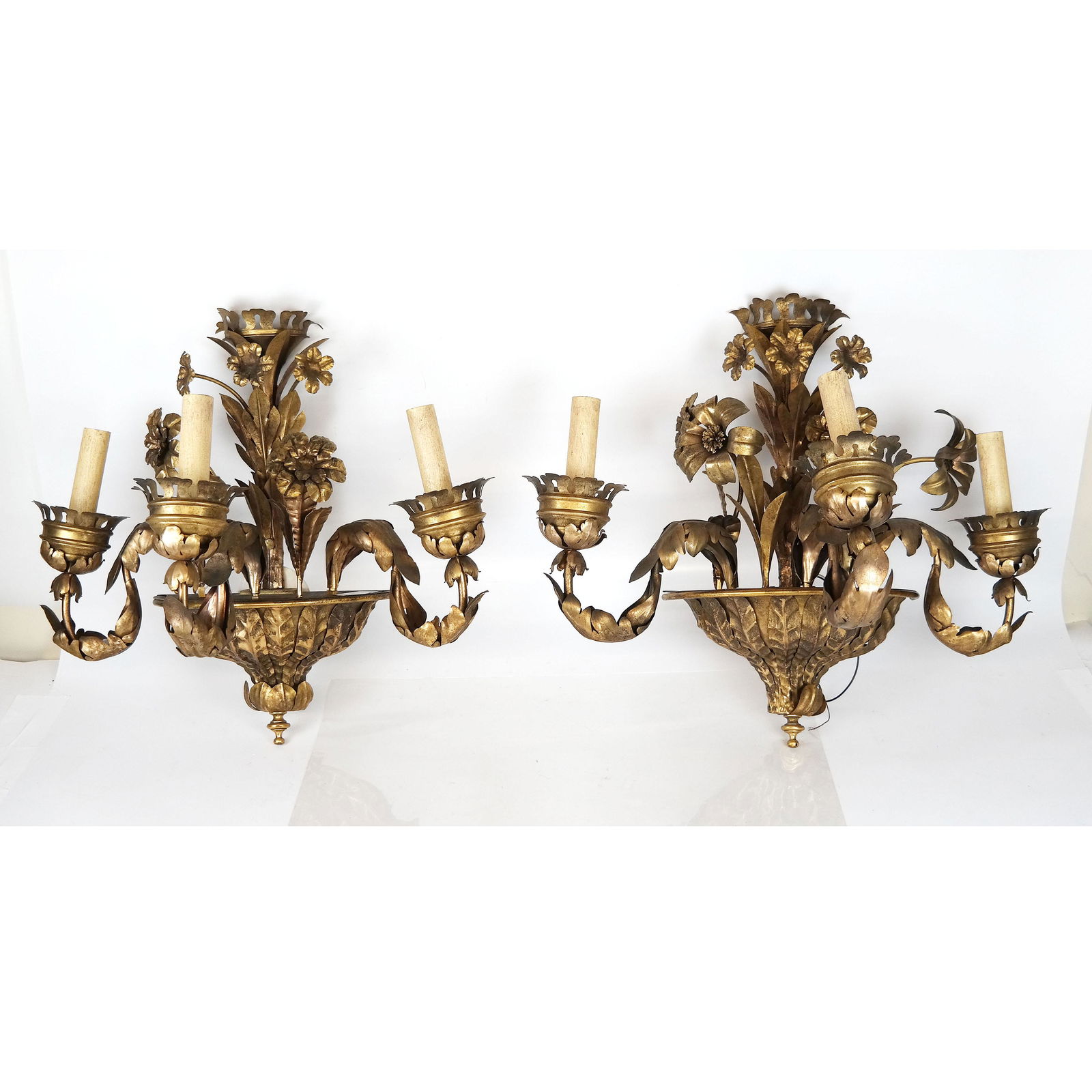 Three Gilt Metal 3-Arm Wall Lights (1 of 16)