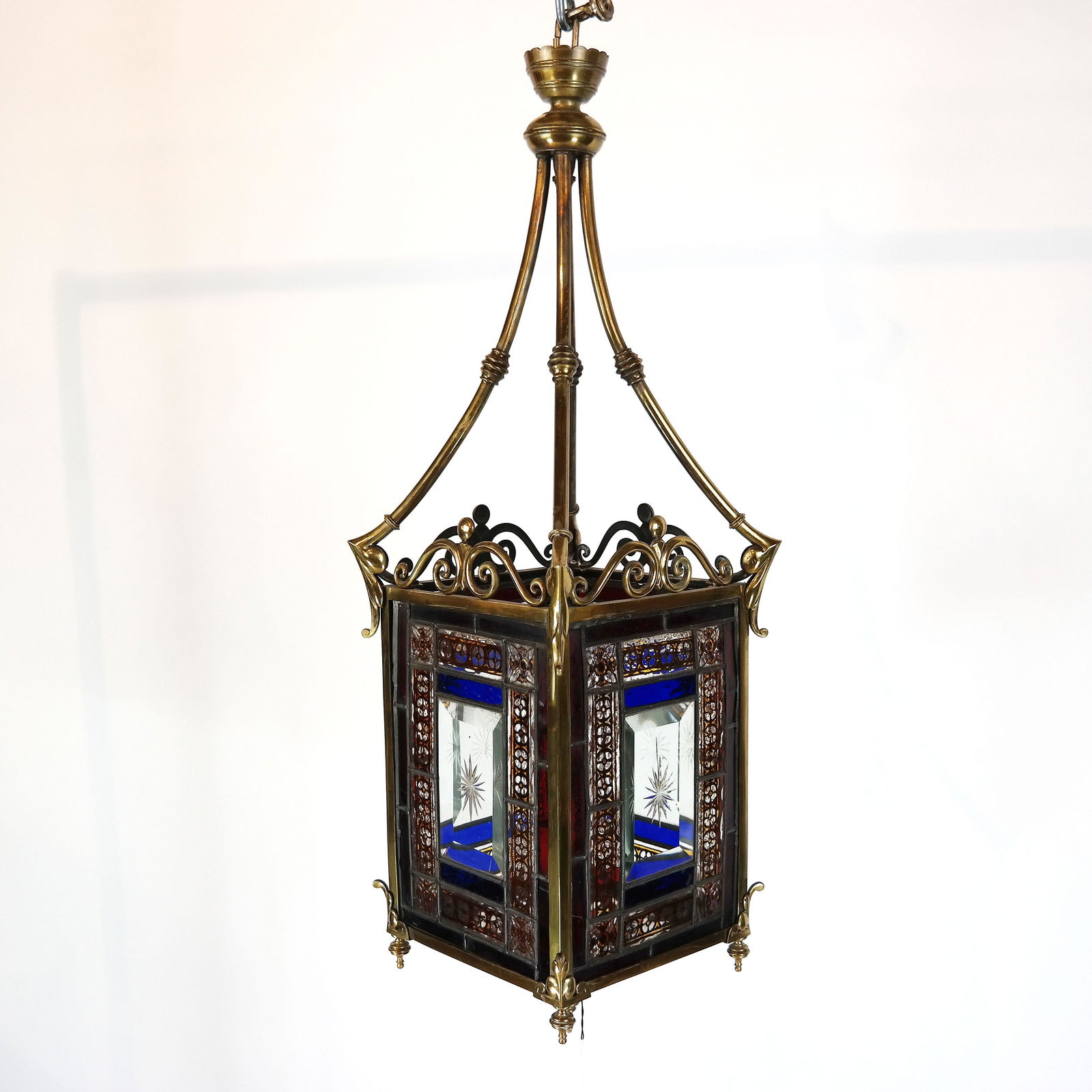 Victorian Brass & Stained Glass Hall Lantern (1 of 12)