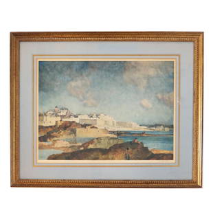 W. Russell FLINT: Low Tide St. Malo - Lithograph: Sir William Russell Flint (British, 1880-1969) lithograph titled "Low Tide, St. Malo", published 1934 by Frost & Reed, in U.S.A., signed "W. Russell Flint" in pencil lower right on the sheet, and in t