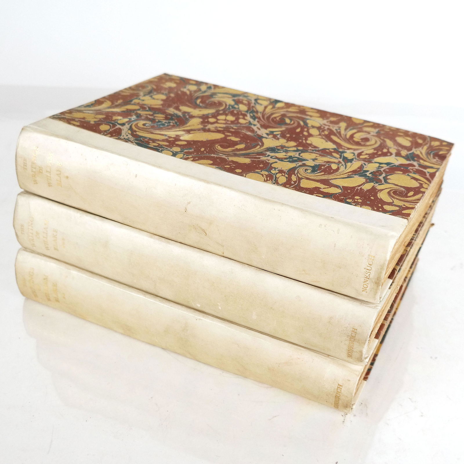 BOOKS: "The Writings of William Blake...": "The Writings of William Blake...", three volumes, edited by Geoffrey Keynes, pub. by the Nonesuch Press, London, 1925. 4to goatskin gilt stamped spine with marbleized boards. Front free end paper aut